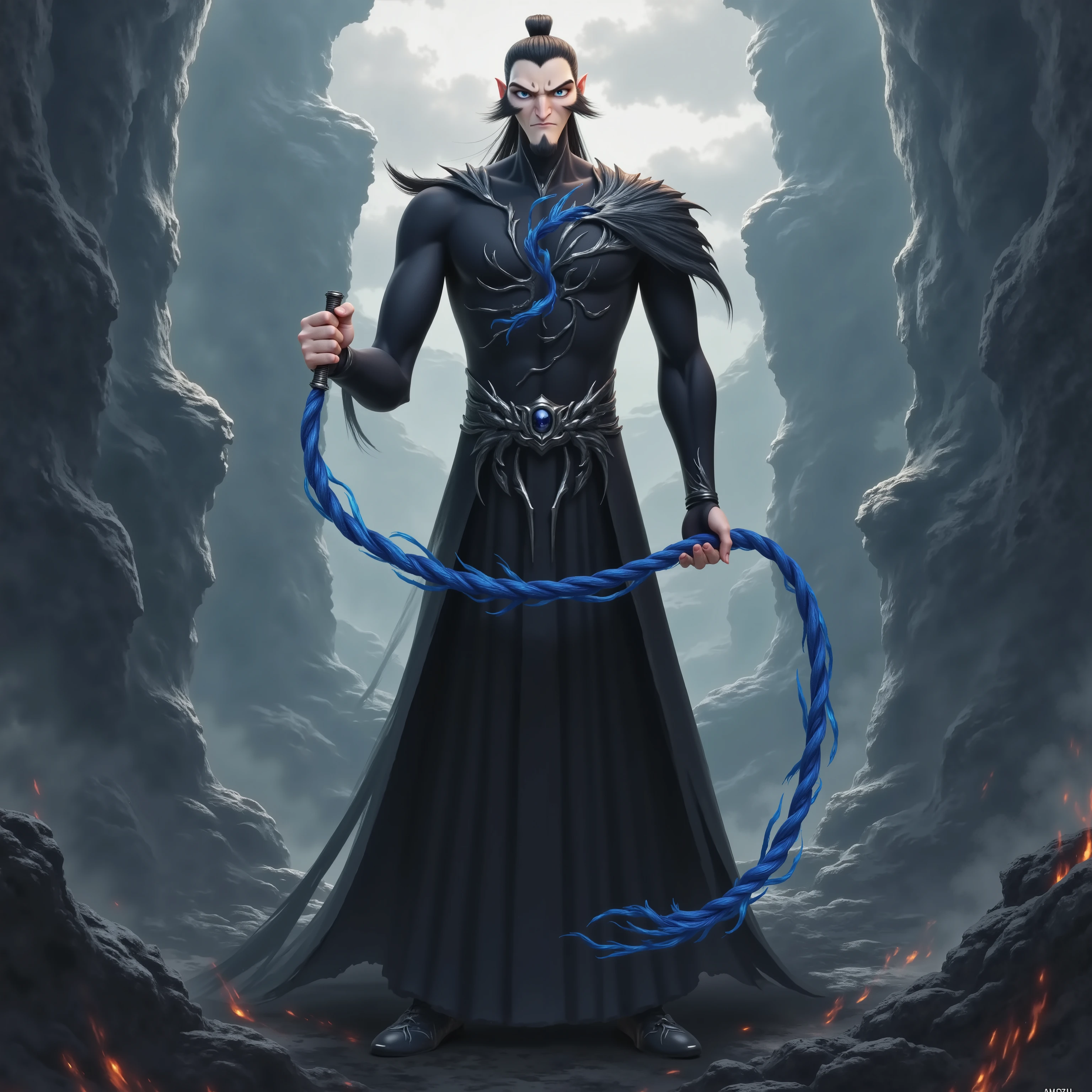 ( masterpiece, top quality:1.2), Game anime characters, alone,beard, Black Robe ,slim。Holding a blue whip in his hand。Kung Fu Action ,flame,cliff,Ominous clouds,Grand scene,Large game scene