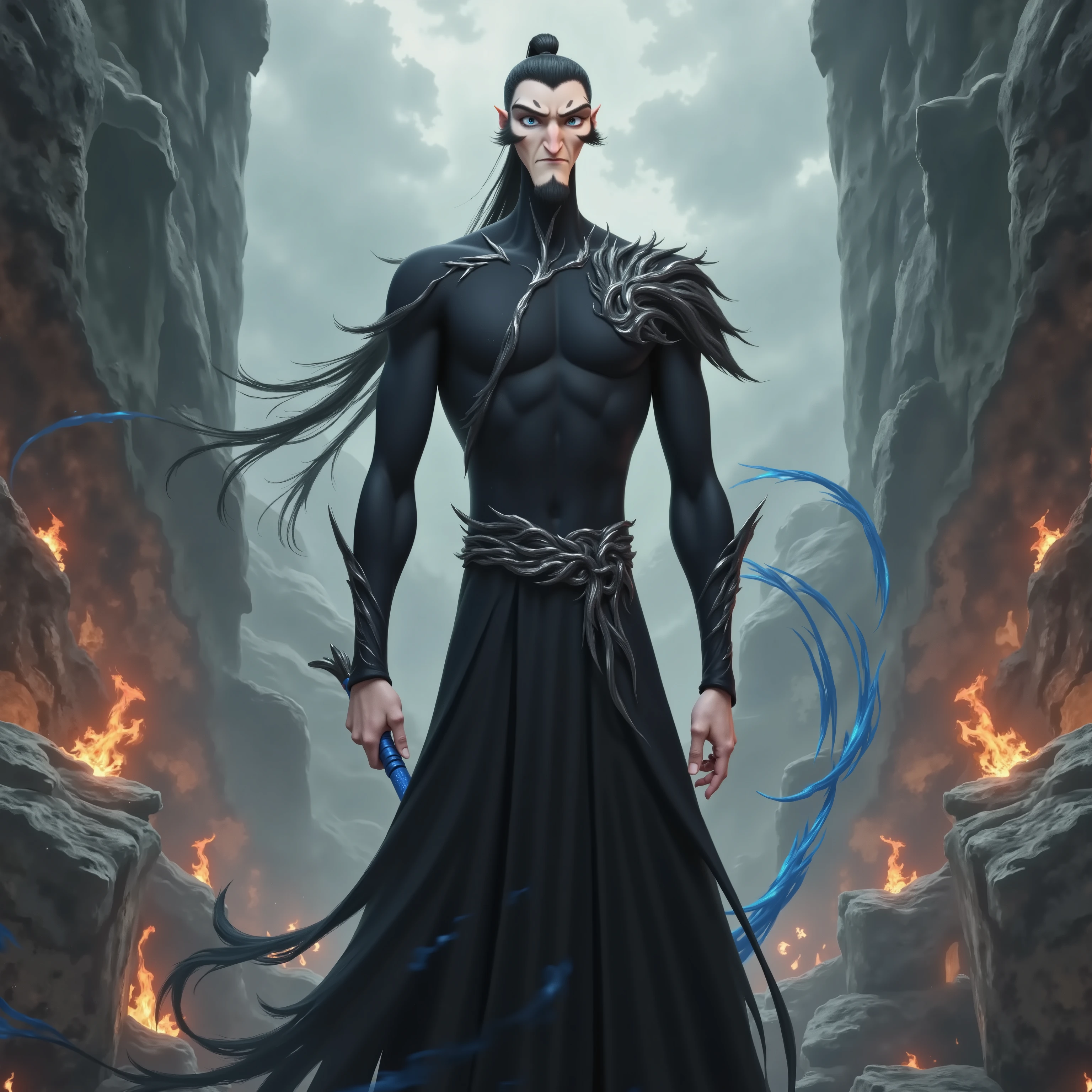 ( masterpiece, top quality:1.2), Game anime characters, alone,beard, Black Robe ,slim。Holding a blue whip in his hand。Kung Fu Action ,flame,cliff,Ominous clouds,Grand scene,Large game scene