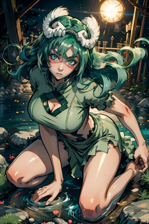 Beautiful anime goddess with long green hair, wearing a short dress, anime key look, moon, large_breast, intricate, hips, highly detailed, wide hips, breathtaking beauty, vibrant and sharp focus, illustration, goblin girl, goblin girl