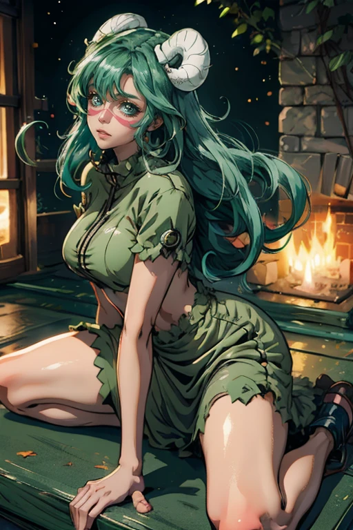Dark Brown skin tanuki girl, dark brown skin, brown skin, african american, hazel eyes, green long hair, green space buns, curly green hair, 25 years old, chubby, curvy, fat, plus sized, big butt, big breast, sitting on couch , girl, gold circle glasses , facing camera, explicit, bear hoodie, jean shorts, thigh high socks, collar on neck , grinning, cleavage showing, holding cigar, vfx, high def, best quality, high angle, atmospheric lighting, girly boy,, wearing black heel boots