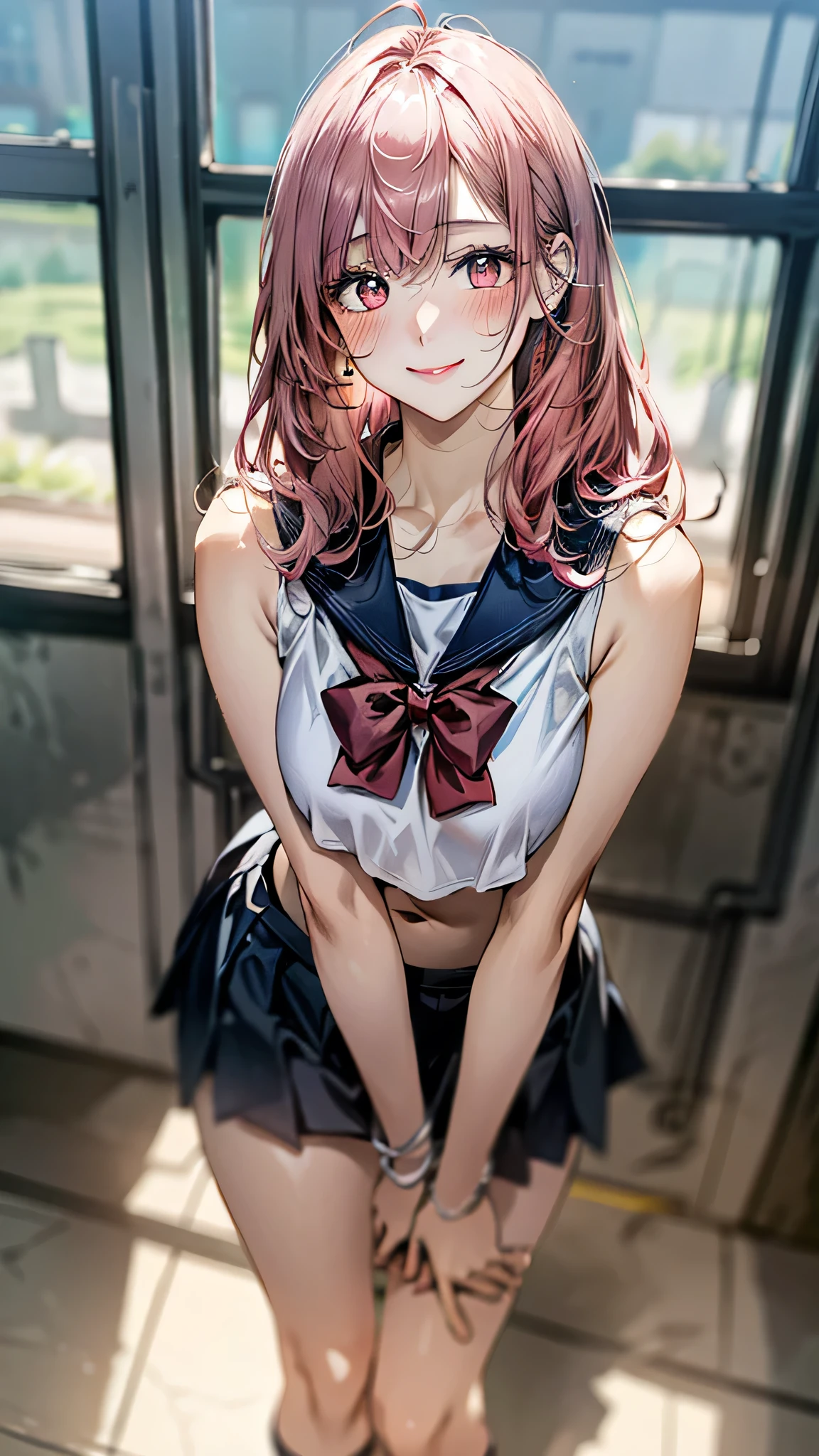 (Masterpiece, BestQuality:1.3), (ultra detailed:1.2), (hyperrealistic:1.3), (RAW photo:1.2), High detail RAW color photo, professional photograph, (Photorealistic:1.4), (realistic:1.4), professional lighting, perfect anatomy, (Big Breasts:1.2), (blush, detailed face), (cheerful Smile:1.5), Trending Hair&Trending Hairカラーをランダムに, earrings, necklace, bracelet, sexy, erotic sexy, Random sexy gravure poses, (In the school hallway、A smiling, pink-haired beauty in a sailor suit waves to the camera。hair is twin tail、A pose waving with a bright smile。:1.3)