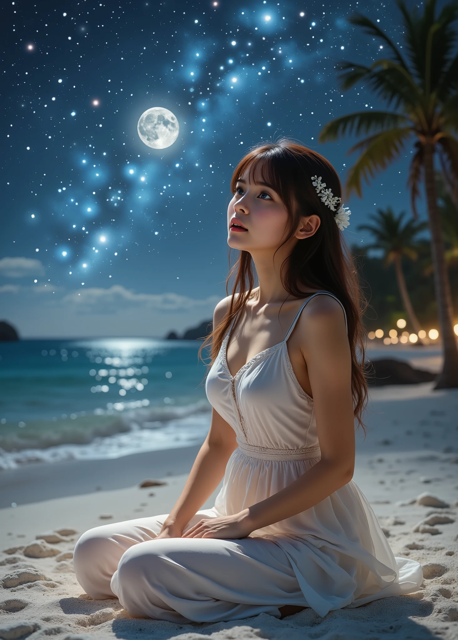 Realistic beautiful single girl 、 Maroon Straight Long Hair With Bangs、 clear white skin 、 Balanced Body 、 A Midsummer Night's Dream、 palm trees、 white sands of the calm sea where the moon sets 、I'm sitting on my lap on a sandy beach and staring at the stars in the sky、Stars full of stars in the sky 、 fairy tale