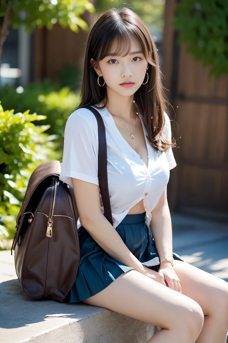 (Oily skin)、((great joy))、Medium Hair、(High School Skirt)、((With a backpack at Legoland))、Spread your legs、Cleavage、Pink Lingerie、(Hold your head with your hands)