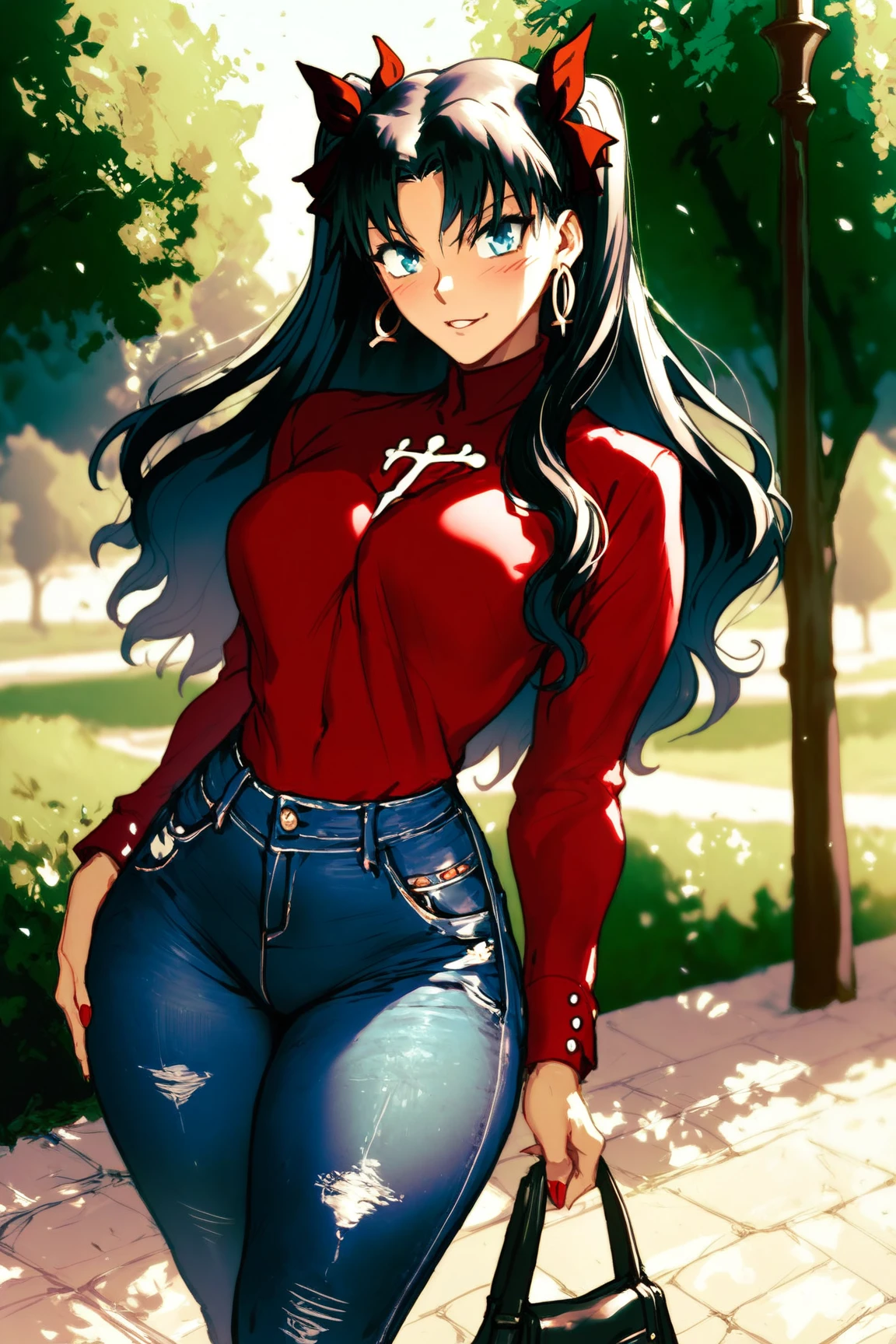 Rin Tohsaka (Fate Stay Night), red blouse, jeans, snikers, park background, standing, hips, 