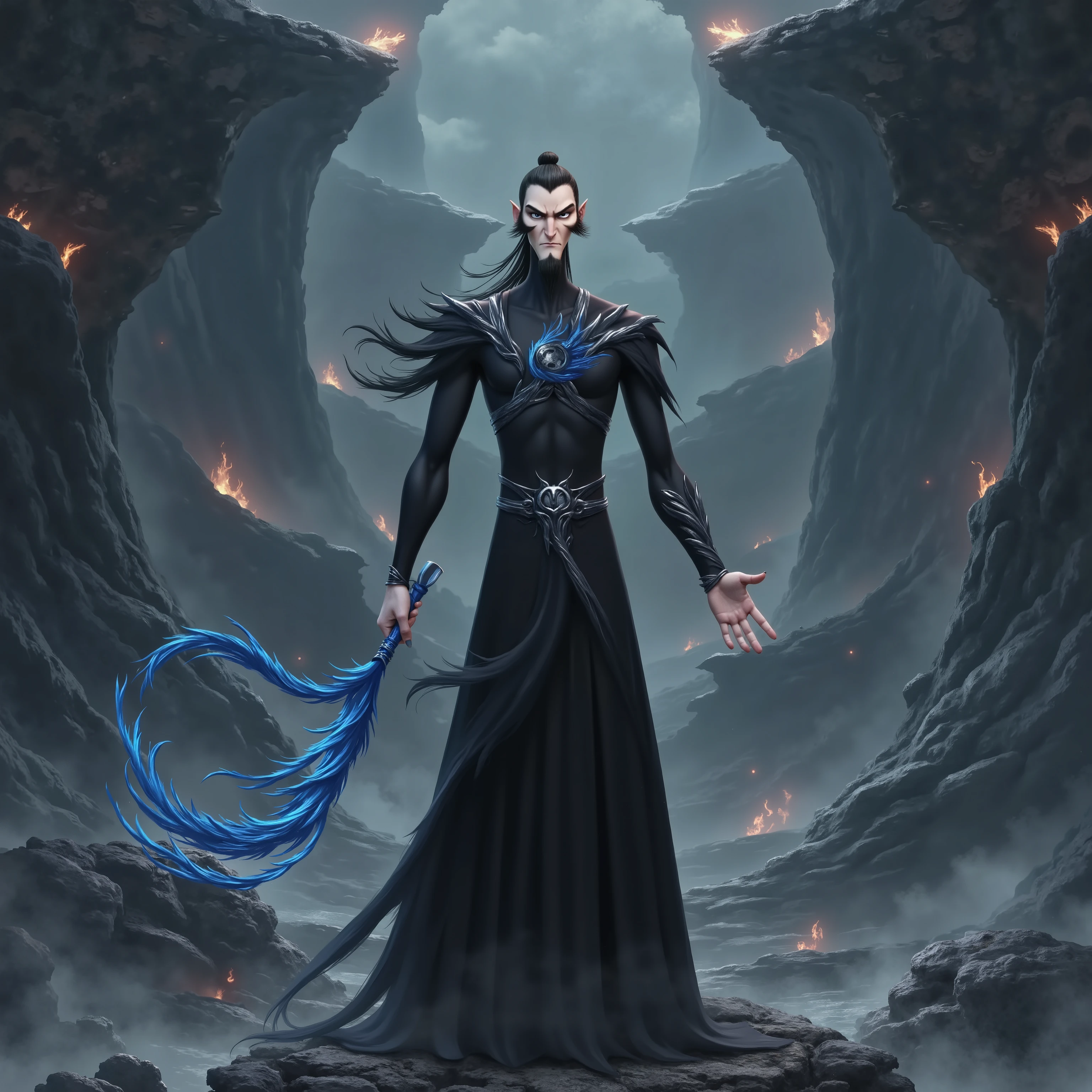 ( masterpiece, top quality:1.2), Game anime characters, alone,beard, Black Robe ,slim。Holding a blue whip in his hand。Kung Fu Action ,flame,cliff,Ominous clouds,Grand scene,Large game scene