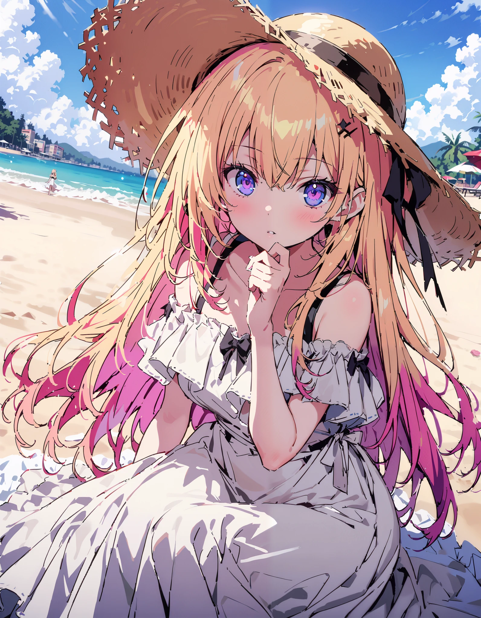 score_9, score_8_ up the side, score_7_ up the side, source_Anime,
What is the name of honamiichinose , Ichinose Honami, long hair, blond hair left and right, purple eyes, straw hat, black off-shoulder dress, white long skirt, barefoot, in the sun's nature,whole bodyがイラストに入るように,
break oudoors, beach,
break looking at viewer,whole body,
break ( Masterpiece:1.2), top quality , kampala, Unity 8k Wallpaper,(shape:0.8),( fine, beautiful eyes :1.6),It's a person ,whole body写真,CG Details , ( perfect hands, Complete Anatomy),