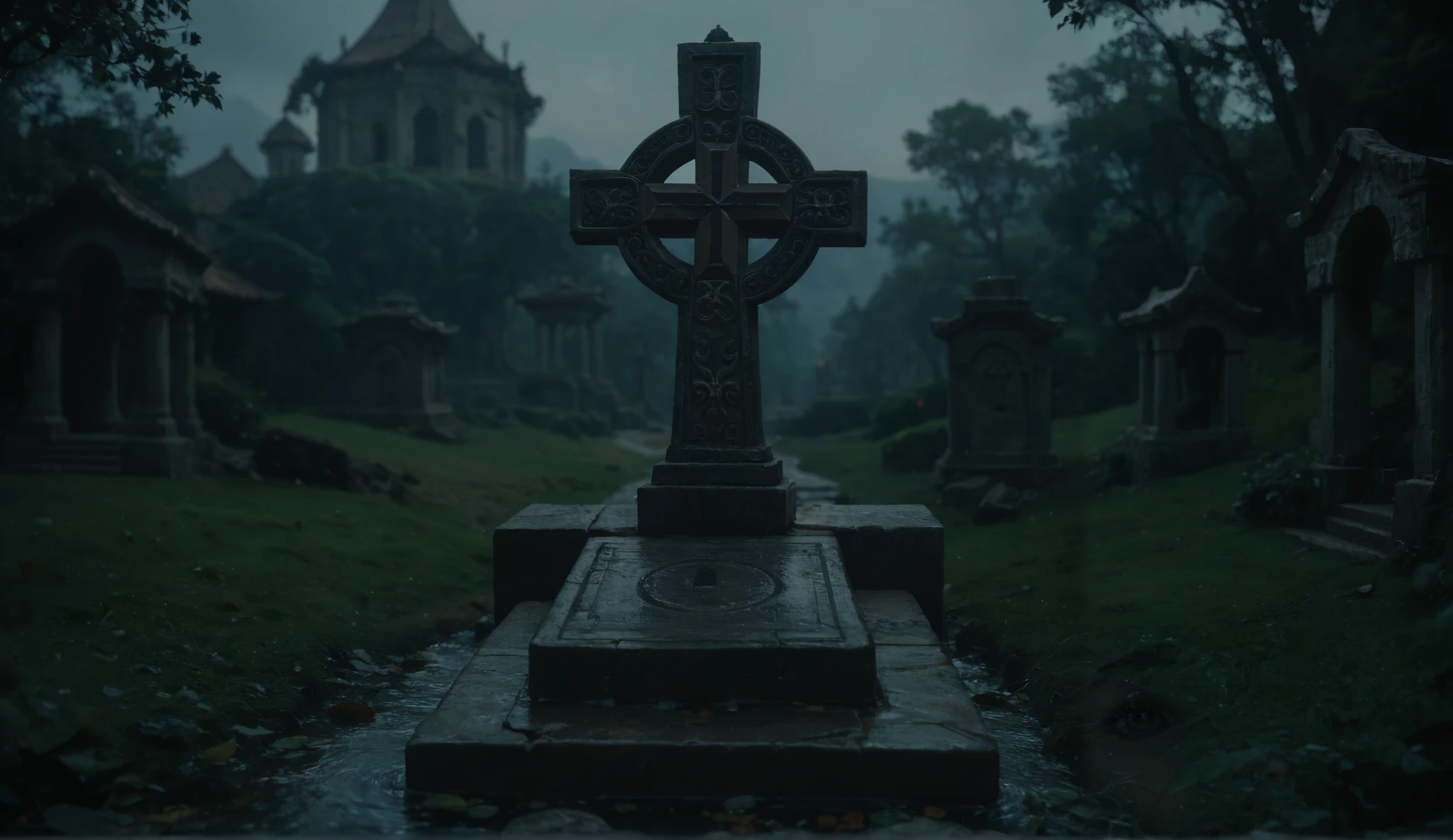 A large tomb in front of the tombs of various Christians, with the head of the cross, the tomb is inscribed by Khmer Yuan