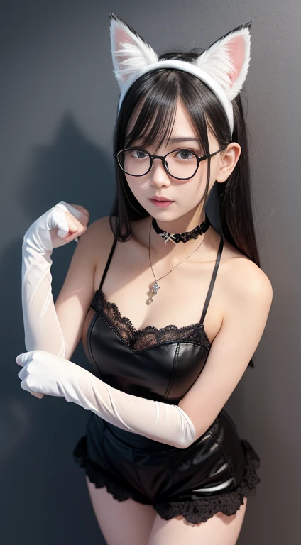 anime girl wearing black lace top and very short black skirt with cat ears, 1girl, breasts, animal ears, solo, gloves, tongue, tongue out, blue eyes, black hair, glasses, choker, long hair, looking at viewer, elbow gloves, animal ear fluff, black-framed eyewear, cat ears, heart, black gloves, upper body, paw pose, black choker, cleavage, collarbone, simple background, bare shoulders, multicolored hair