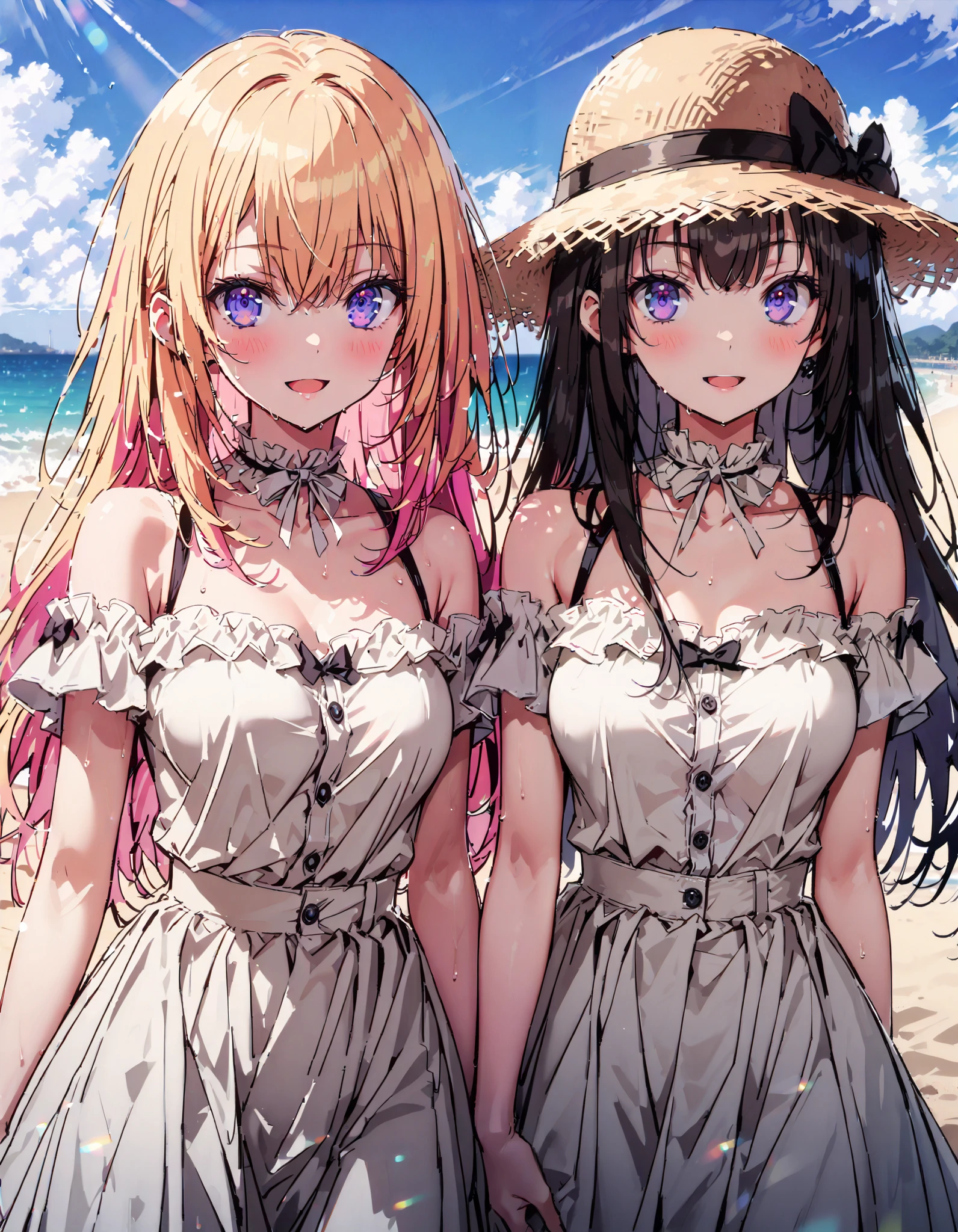 score_9, score_8_ up the side, score_7_ up the side, source_Anime,
What is the name of honamiichinose , Ichinose Honami, long hair, blond hair left and right, purple eyes, straw hat,smile,blush, open your mouth, black off-shoulder dress, white long skirt, barefoot, in the sun's nature,whole bodyがイラストに入るように,
break oudoors, beach,
break looking at viewer,whole body,
break ( Masterpiece:1.2), top quality , kampala, Unity 8k Wallpaper,(shape:0.8),( fine, beautiful eyes :1.6),It's a person ,whole body写真,CG Details , ( perfect hands, Complete ),