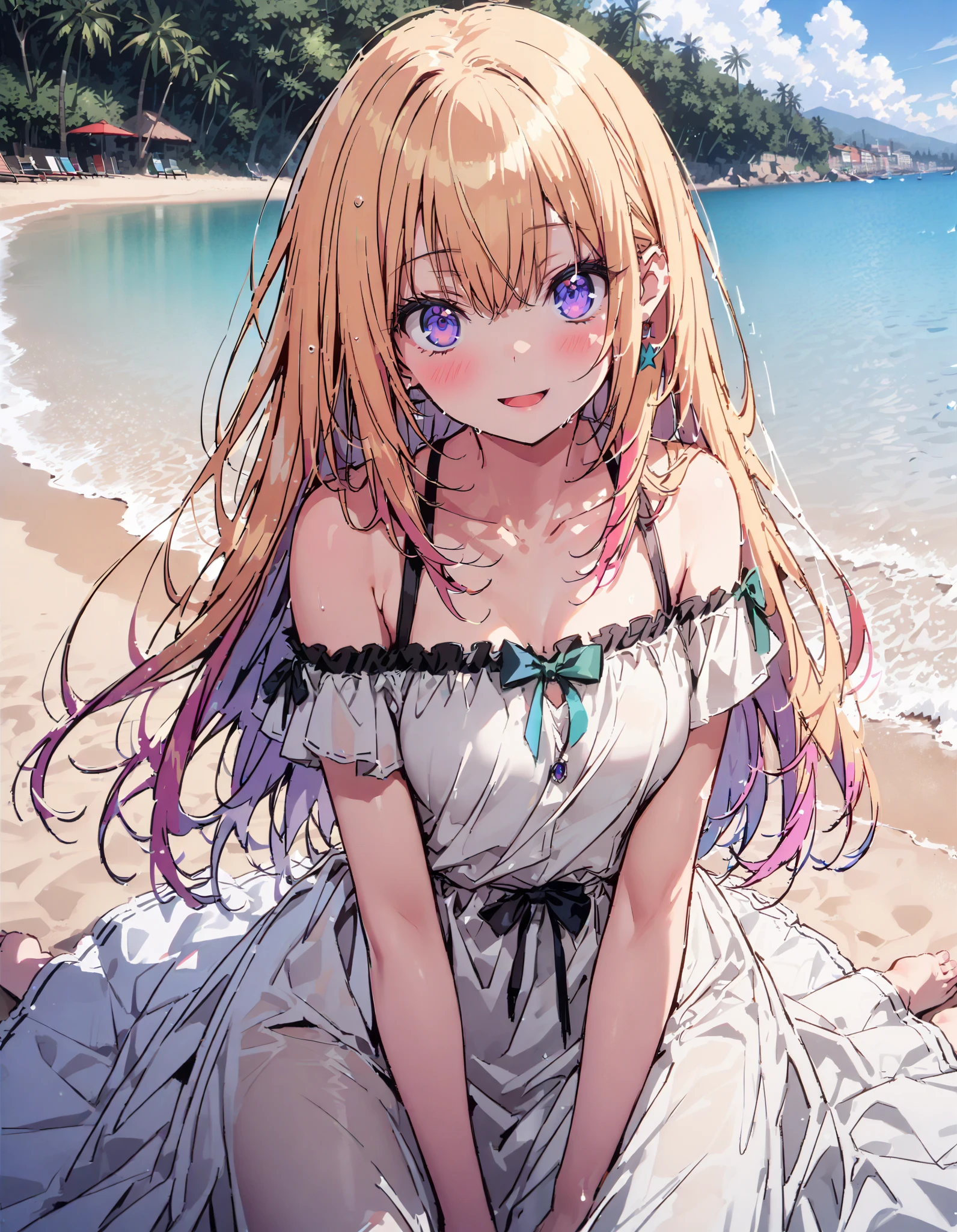 score_9, score_8_ up the side, score_7_ up the side, source_Anime,
What is the name of honamiichinose , Ichinose Honami, long hair, blond hair left and right, purple eyes, straw hat,smile,blush, open your mouth, black off-shoulder dress, white long skirt, barefoot,evening, in the sun's nature,whole bodyがイラストに入るように,
break oudoors, beach,
break looking at viewer,whole body,
break ( Masterpiece:1.2), top quality , kampala, Unity 8k Wallpaper,(shape:0.8),( fine, beautiful eyes :1.6),It's a person ,whole body写真,CG Details , ( perfect hands, Complete Anatomy),