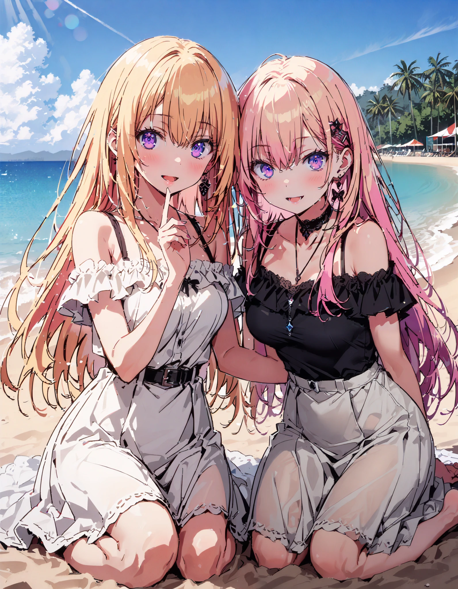 score_9, score_8_ up the side, score_7_ up the side, source_Anime,
What is the name of honamiichinose , Ichinose Honami, long hair, blond hair left and right, purple eyes, straw hat,smile,blush, open your mouth, black off-shoulder dress, white long skirt, barefoot,evening, in the sun's nature,whole bodyがイラストに入るように,
break oudoors, beach,
break looking at viewer,whole body,
break ( Masterpiece:1.2), top quality , kampala, Unity 8k Wallpaper,(shape:0.8),( fine, beautiful eyes :1.6),It's a person ,whole body写真,CG Details , ( perfect hands, Complete Anatomy),