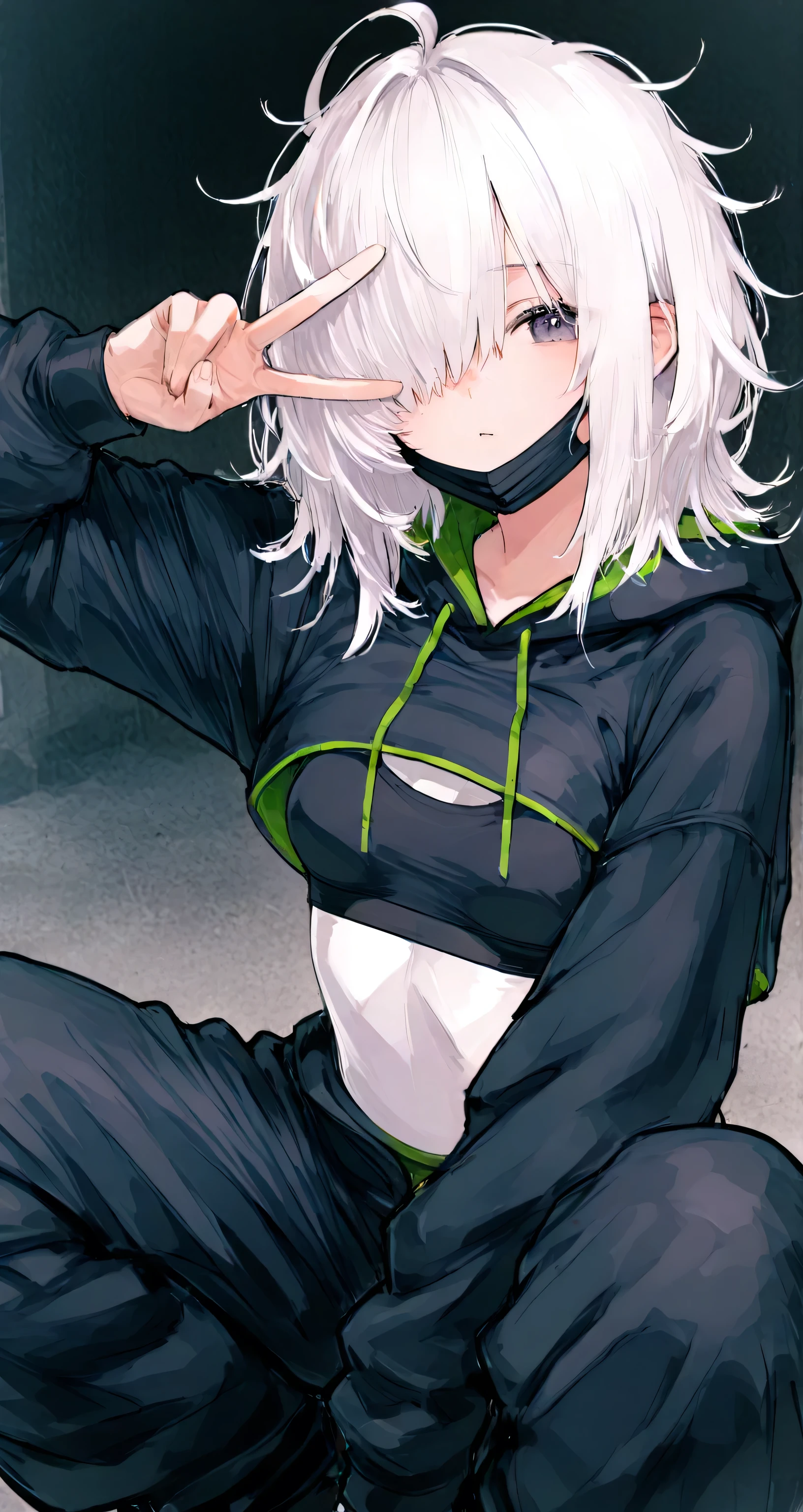 ((cropped hoodie:1.7)), black sports bra, ((bodysuit)), white hair, hair over one eye, messy hair, ahoge, medium hair, small breasts, baggy pants, v over eye, squatting, ヤンキー座り, black mask