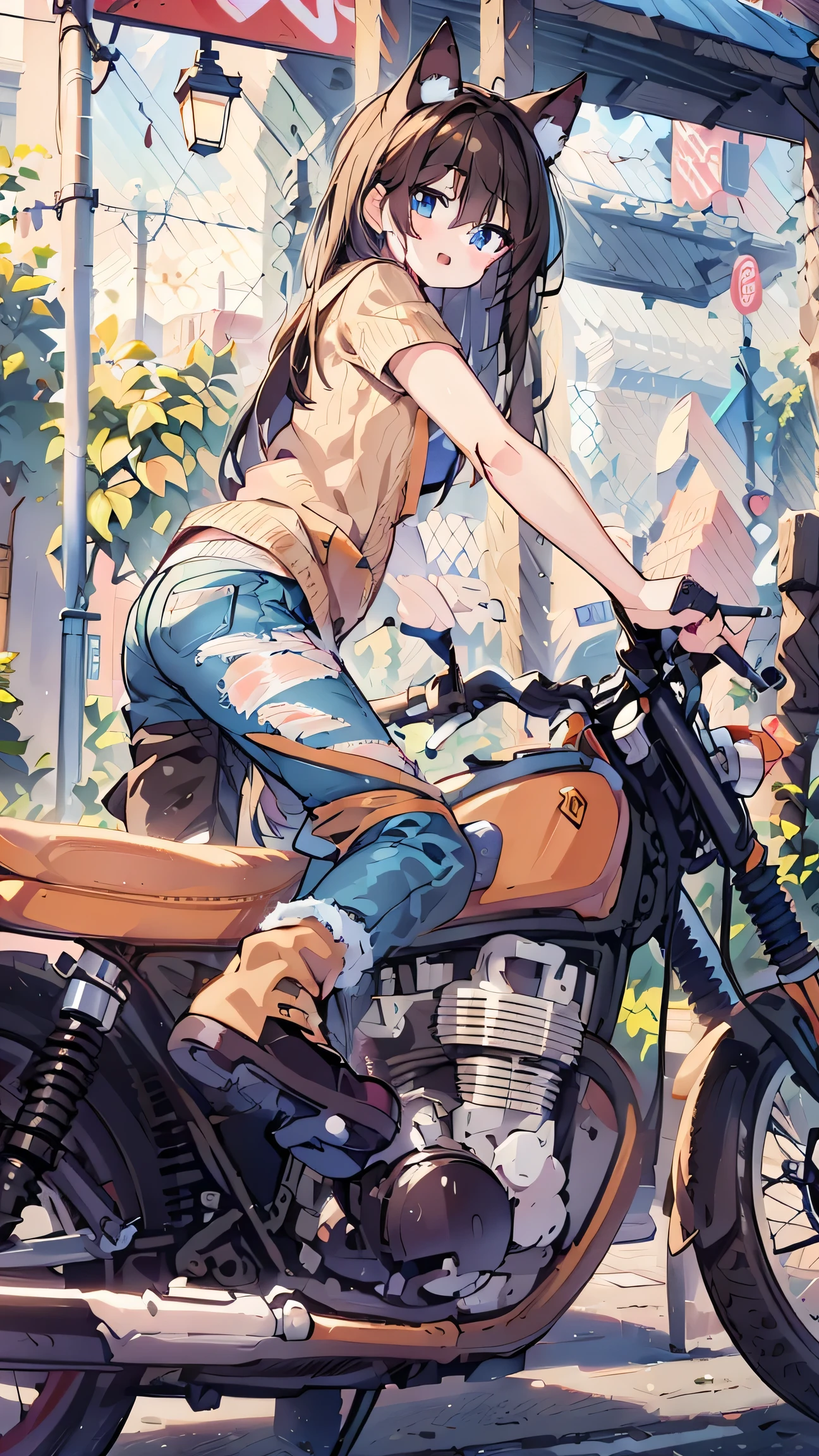   anime style 、  fox ears、 blue eyes、  brown hair、 long hair、 woman、  beige hoodie 、  jeans、  boots、Standing on a motorcycle