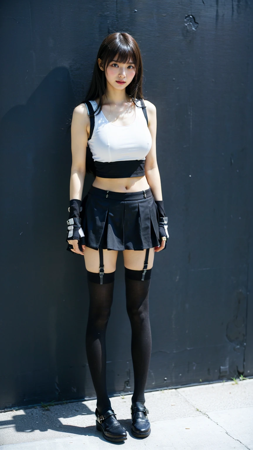 (8k、RAW Photos、highest quality、masterpiece:1.2)、(Realistic、Realistic)、1 girl、((White tank top、Arm Covers、Gloves、Knee socks、garter belt、boots、Black Mini Skirt、Belly button、underground warehouse、Spread your legs、Standing with hands on hips))、