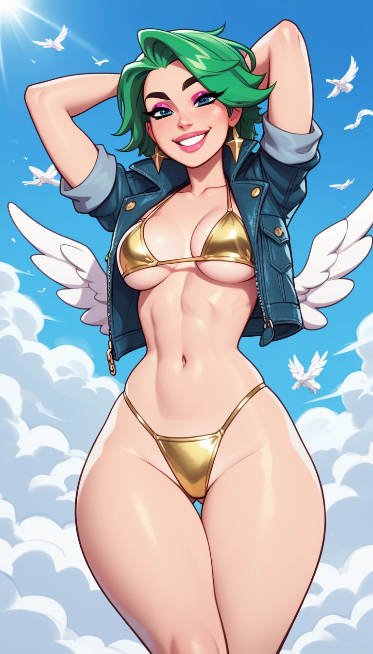 ((masterpiece, Highest quality, High resolution, 超High resolution, Pixel perfect, Depth of written border, 4K, RTTX 10.0, High resolution))), 1 girl、whole bodyを描く、from below perspective、Pure white skin, Beautiful art style, ((Smooth texture:0.75, Realistic texture:0.65, Realistic:1.1, Anime CG style)), Medium chest, Perfect body,
((masterpiece)), (Highest quality), Official Art, Extremely detailed CG, unity 8k wallpaper, Beautiful lakeside, noon, sunlight, lake, blue sky, Very detailed,Siren, MONSTER Girl, Wings on the head, Large wings growing from his head, Beautiful white wings, antenna, feather, Yellow nails, 比基尼, White pubic hair, Grin, Flight, whole body, From below, masterpiece, front,