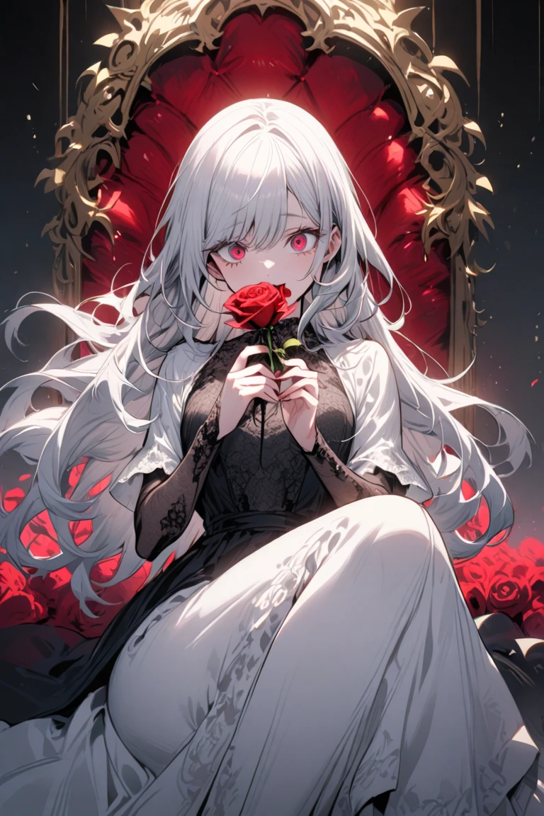 a woman, beautiful、Silver long hair, beauty、swept bangs、Crimson Eyes、slant eyes、Wide Eyes、 whole body, eating rose, wearing dress