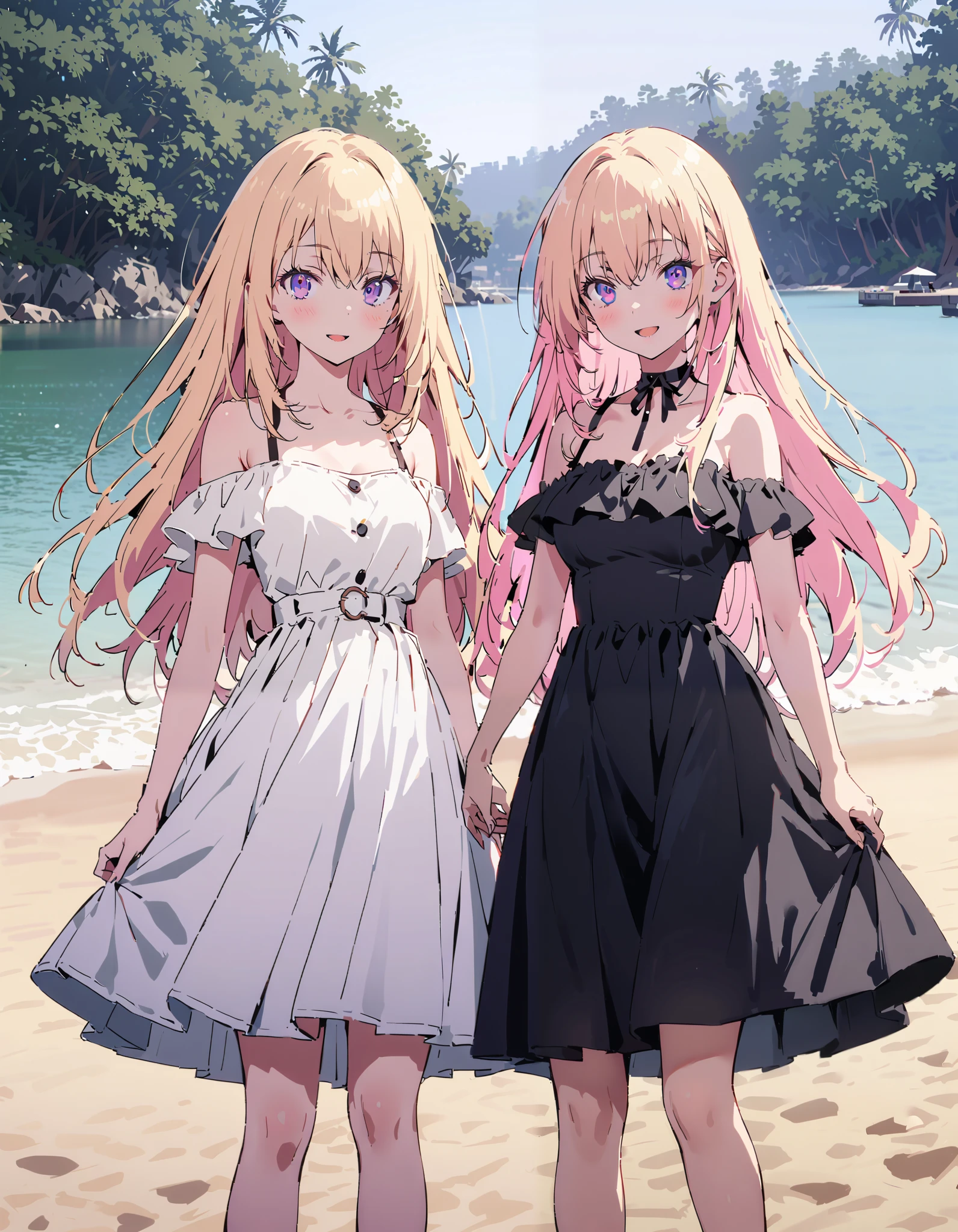 What is the name of honamiichinose , Ichinose Honami, long hair, blond hair left and right, purple eyes, straw hat,smile,blush, open your mouth, black off-shoulder dress, white long skirt, barefoot,evening, in the sun's nature, are standing,,whole bodyがイラストに入るように,
break oudoors, beach,
break looking at viewer,whole body,
break ( Masterpiece:1.2), top quality , kampala, Unity 8k Wallpaper,(shape:0.8),( fine, beautiful eyes :1.6),It's a person ,whole body写真,CG Details , ( perfect hands, Complete Anatomy),