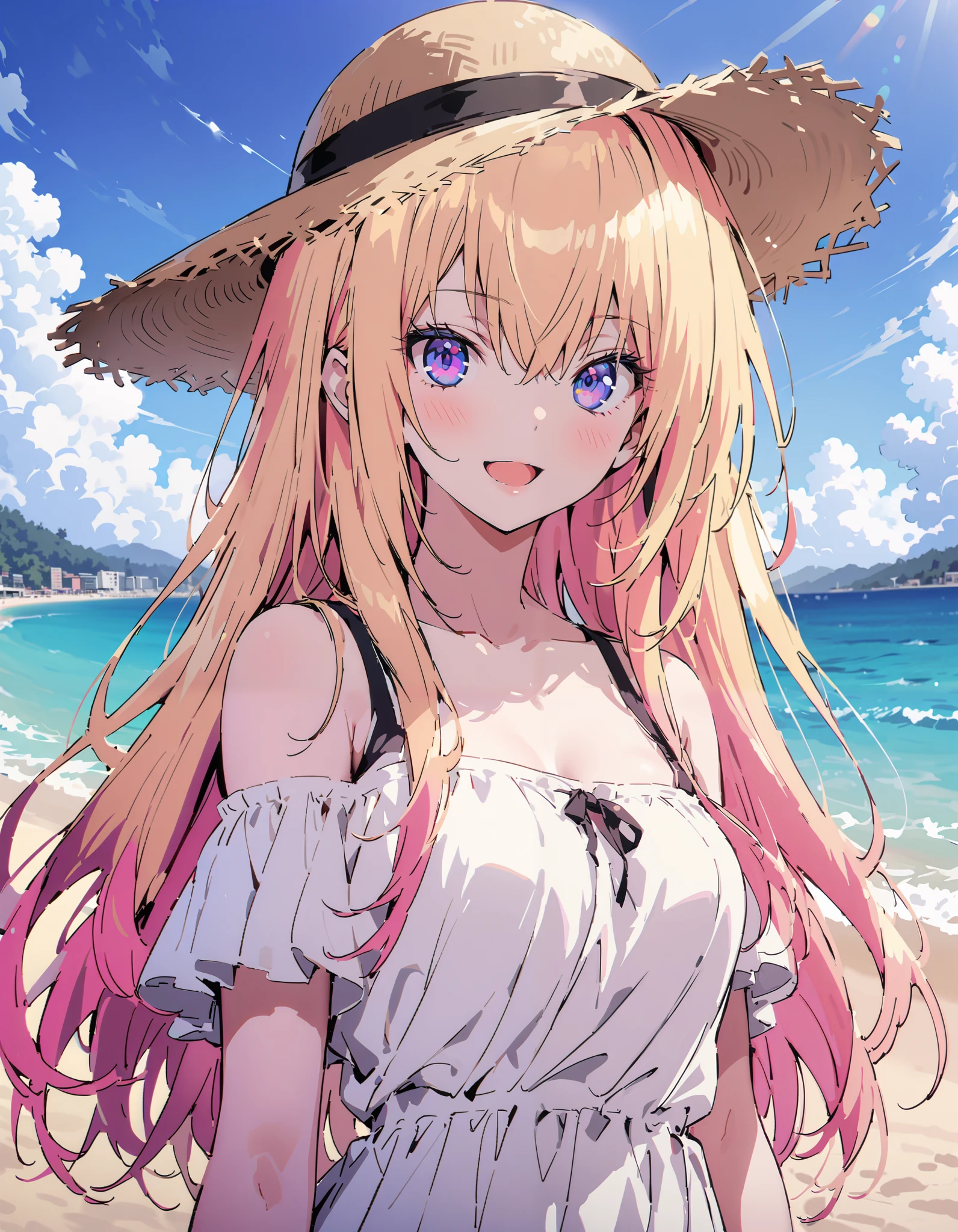 What is the name of honamiichinose , Ichinose Honami, long hair, blond hair left and right, purple eyes, straw hat,smile,blush, open your mouth, black off-shoulder dress, white long skirt, barefoot,evening, in the sun's nature, are standing,,whole bodyがイラストに入るように,
break oudoors, beach,
break looking at viewer,whole body,
break ( Masterpiece:1.2), top quality , kampala, Unity 8k Wallpaper,(shape:0.8),( fine, beautiful eyes :1.6),It's a person ,whole body写真,CG Details , ( perfect hands, Complete Anatomy),