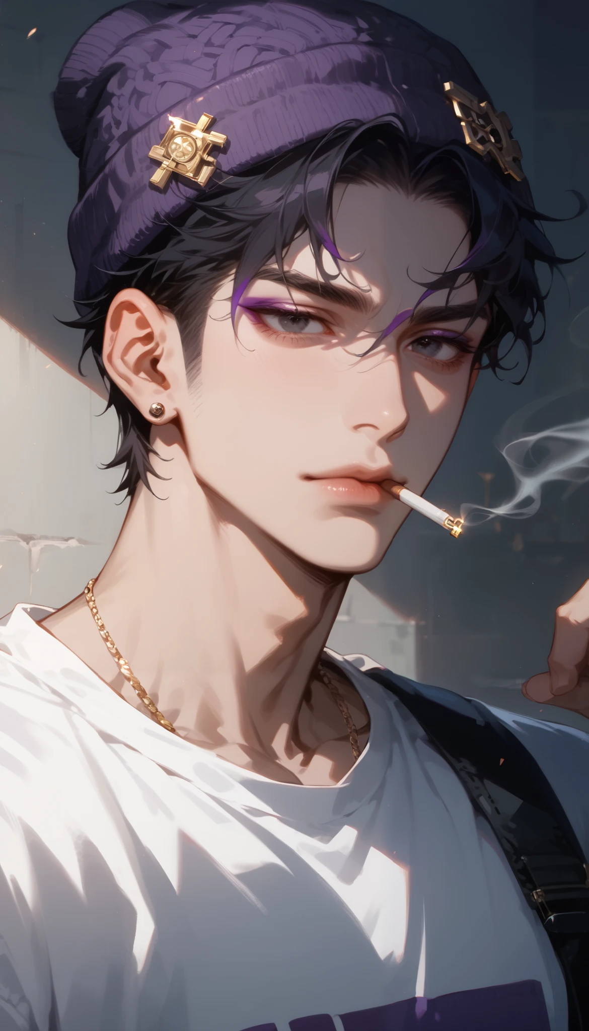 (Fraction_9, Fraction_8_up), Fraction_7_up, Adult male, Black Hair, purple highlight , 1 boy, black eyes, expressionless , upper body, male Key Points, Key Points, Chest, out of frame, Reality , chest circumference , Sexy Boy , music , shirt, wearing a beanie, smoking a cigarette