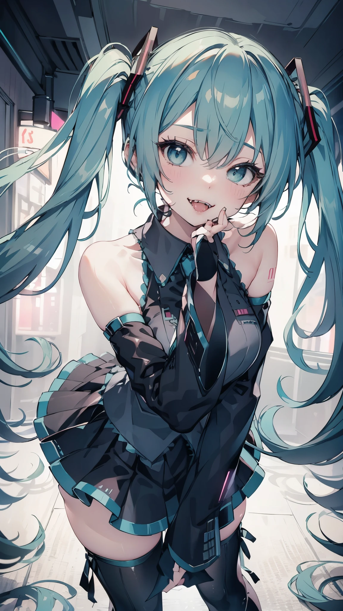(Masterpiece,best composition,moody lighting,Best Quality,ultra-detail,Best Shadows,Rim lighting,Perfect composition),(portrait:1.5),Hatsune Miku,dangerous vampire,sexy body,Perfect figure,light blue twin tails hair,shy smile,(((lips wide open and bare huge Fangs))),pink and black color gothic dress fashion,very delicate details jirai-kei fashion,black platform high-boots,beautiful long legs,tits,(((attacking Pose))),in the big city at midnight,a lot of neon lights
