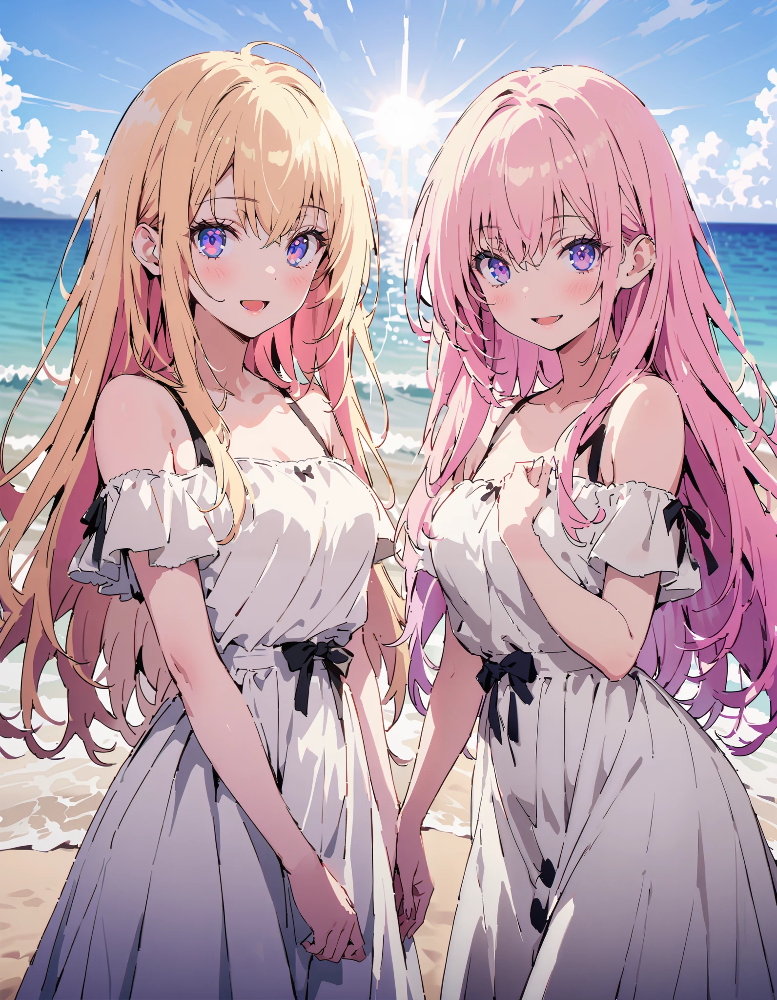 What is the name of honamiichinose , Ichinose Honami, long hair, blond hair left and right, purple eyes, straw hat,smile,blush, open your mouth, black off-shoulder dress, white long skirt, barefoot,evening, in the sun's nature, are standing,,whole bodyがイラストに入るように,
break oudoors, beach,
break looking at viewer,whole body,
break ( Masterpiece:1.2), top quality , kampala, Unity 8k Wallpaper,(shape:0.8),( fine, beautiful eyes :1.6),It's a person ,whole body写真,CG Details , ( perfect hands, Complete Anatomy),