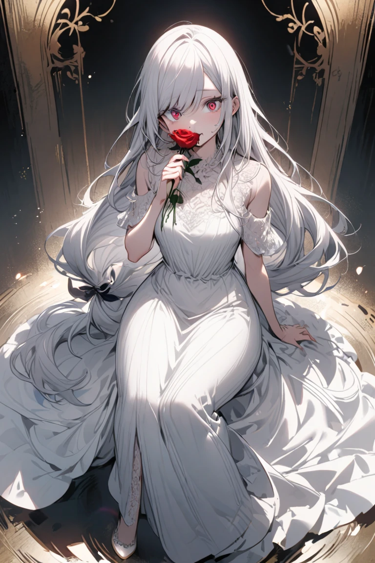 White long hair, face looking down, Wearing an elegant white shirt, Wearing a white jabot around the elegant neck, wearing gloves, perfect face, straight hair, Perfect slim body beautiful background Body leaning on the white fence of the elegant palace, background of the elegant palace room, A faint smile flowing back elegantly, the camera position of the body is seen from above the head. Red eyes The background is identical to the spooky broken glass cupboard table, Red carpet, Character half body image