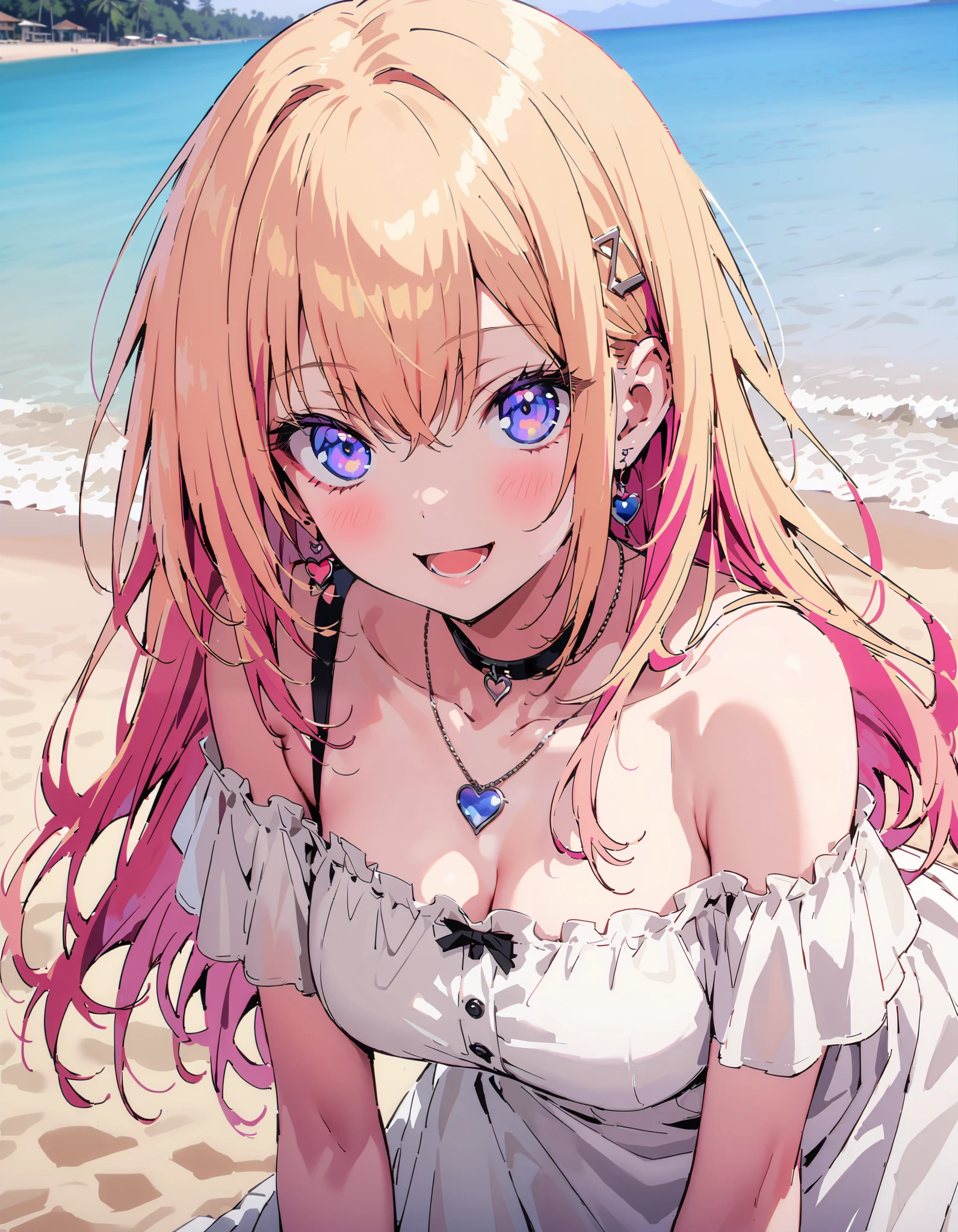 What is the name of honamiichinose , Ichinose Honami, long hair,Alone, blond hair left and right, purple eyes, straw hat,smile,blush, open your mouth, black off-shoulder dress, heart shaped necklace , white long skirt, barefoot,evening, in the sun's nature, are standing,,whole bodyがイラストに入るように,
break oudoors, beach,
break looking at viewer,whole body,
break ( Masterpiece:1.2), top quality , kampala, Unity 8k Wallpaper,(shape:0.8),( fine, beautiful eyes :1.6),It's a person ,whole body写真,CG Details , ( perfect hands, Complete Anatomy),