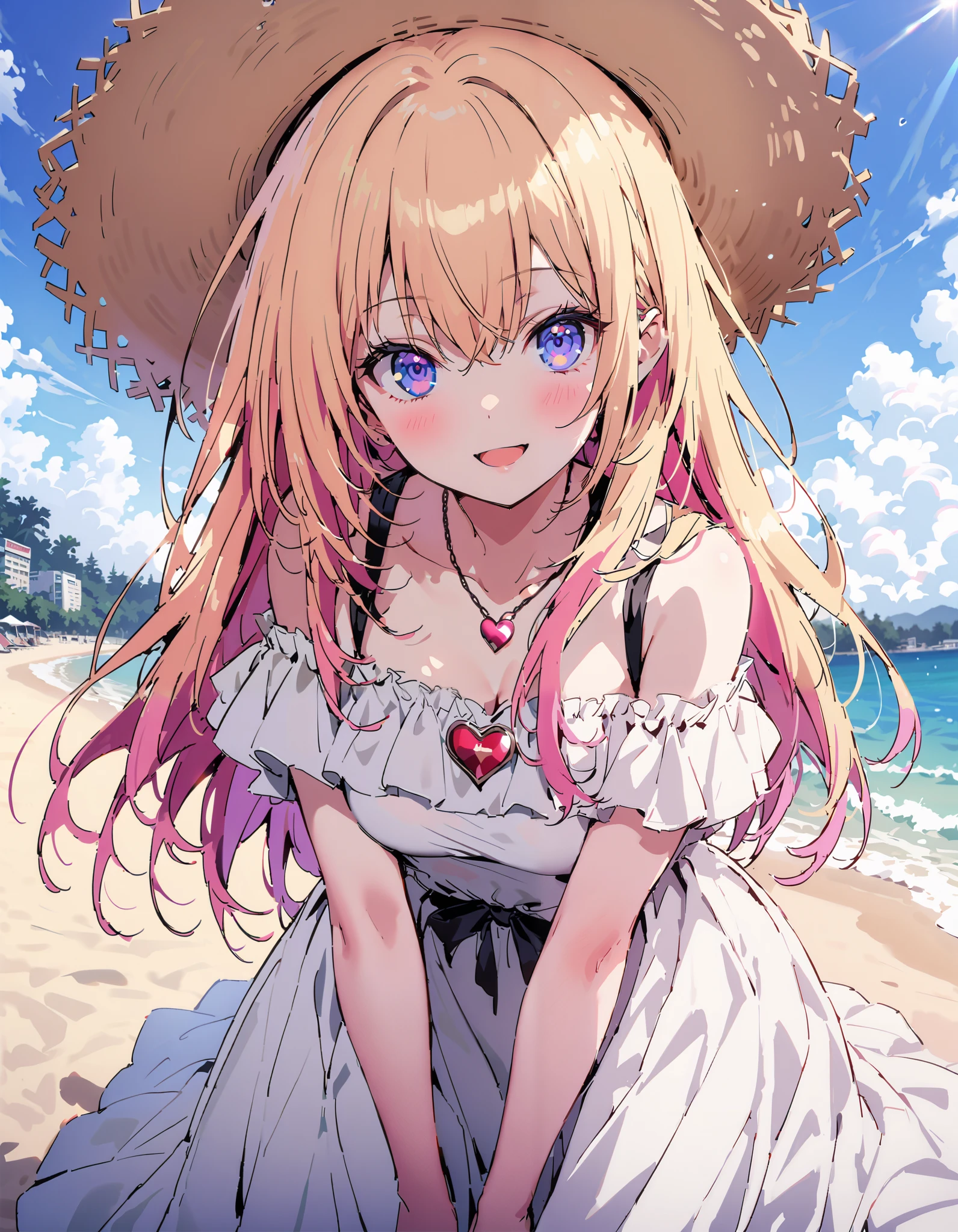 What is the name of honamiichinose , Ichinose Honami, long hair,Alone, blond hair left and right, purple eyes, straw hat,smile,blush, open your mouth, black off-shoulder dress, heart shaped necklace , white long skirt, barefoot,evening, in the sun's nature, are standing,,whole bodyがイラストに入るように,
break oudoors, beach,
break looking at viewer,whole body,
break ( Masterpiece:1.2), top quality , kampala, Unity 8k Wallpaper,(shape:0.8),( fine, beautiful eyes :1.6),It's a person ,whole body写真,CG Details , ( perfect hands, Complete Anatomy),