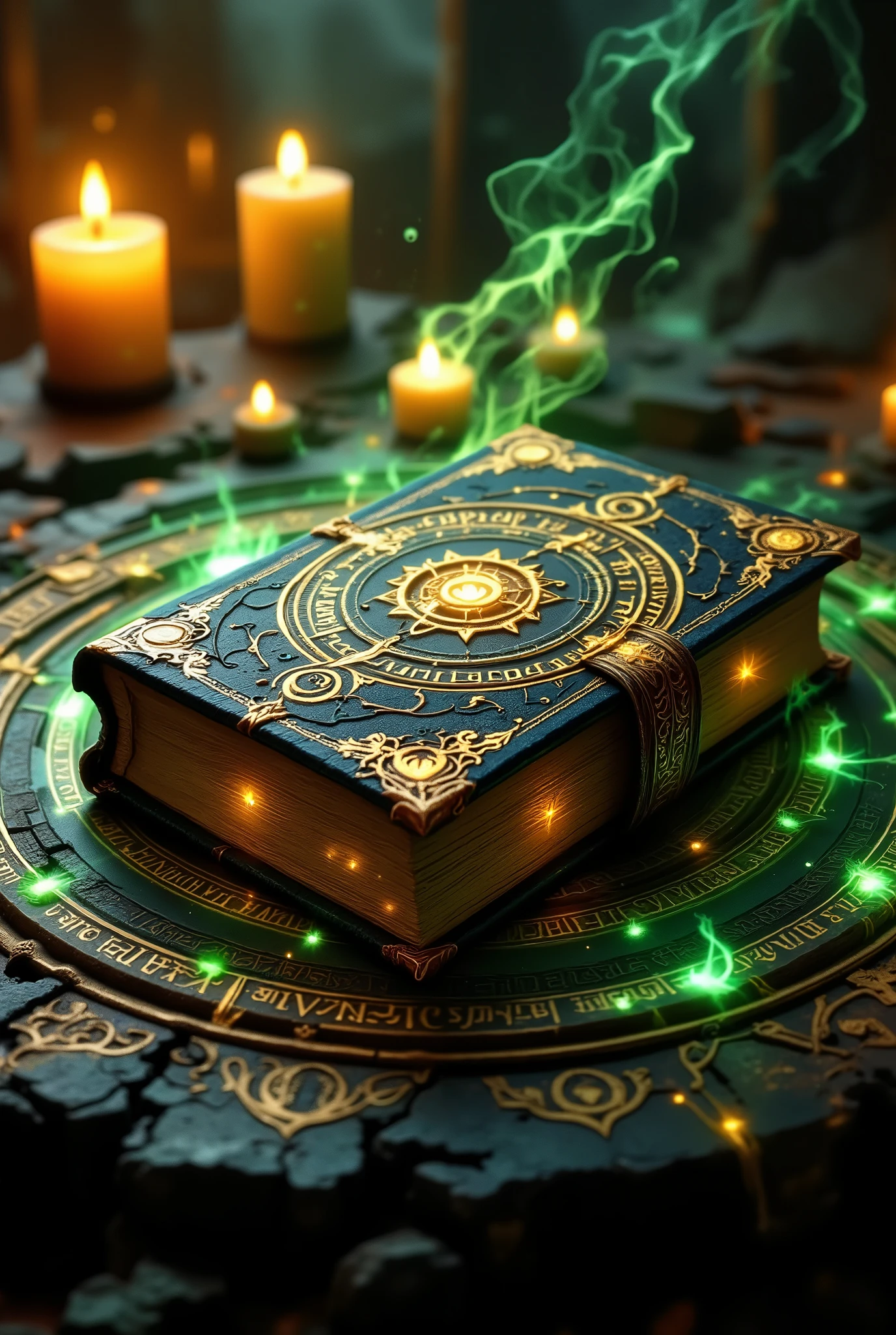 The beautiful Big Book with Ancient Letters on the cover and a beautiful binding of leather and magic signs, lies on a beautiful jade table with beautiful patterns of ancient writing , is well lit by candlelight , magic исходит от книги, A very beautiful runic circle creates a portal to another dimension , Masterpiece , fantasy style, Exactly, in detail, better quality, complicated details, maximum quality , maximum details , Fantasy, magic,