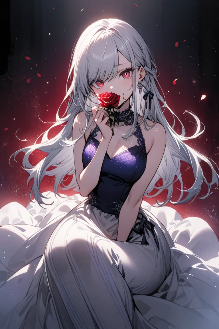 1girl, masterpiece, best quality, extremly detailed,cinematic lighting, finely detailed beautiful face and eyes, 8k, dark intense shadows, white hair, long hair, upper body, red eyes, pink lips, expressionless, (forest), large breasts, white dress, tree, spotlight, lens flare, (beautiful detailed glow), (holding apple), looking viewer, apple on hand, bright, bare shoulders