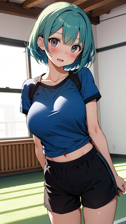 Girl with short green hair, The chest is medium, Green Eyes, 、(tits),Full body photo from head to toe,、cloth、(Clear Face)(Best Quality, High resolution, Super detailed),, (Vivid and colorful, The chest is clearly in focus),(Soft Breasts:1.2、,、、Exposed chest,Full body photo from head to toe、、Lift the chest,、A viscous, cloudy liquid is on my body,M-shaped legs,yoga、stretch、Relax Mode、Training wear、Spread your legs and stretch your legs、New Gymnastics、Lying down、