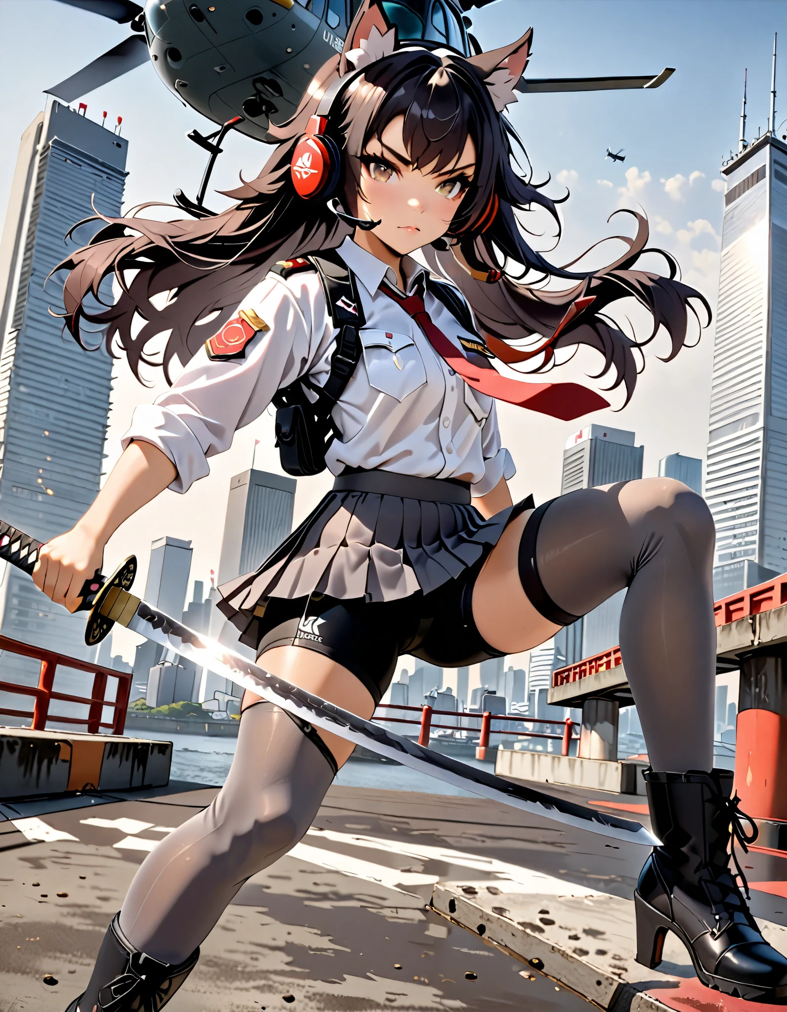 masterpiece, best quality, high res, 4k, 8k, solo focus, 1girl, female samurai, Japanese military officer, (catgirl:1.2, furry ears:1.2), college-aged female, headset, ((long hair, black hair, hair ornament)), white-collared shirt, red necktie, shoulder holster, ((bike shorts, pleated skirt, miniskirt)), (full dark grey leggings:1.4), (knee boots, high heels), (((using katana sword))), aggressive battle stance, Tokyo skyline, wharf, a military helicopter hovering above, concrete ground, dutch angle, intense atmosphere, intense expressive. action shot.