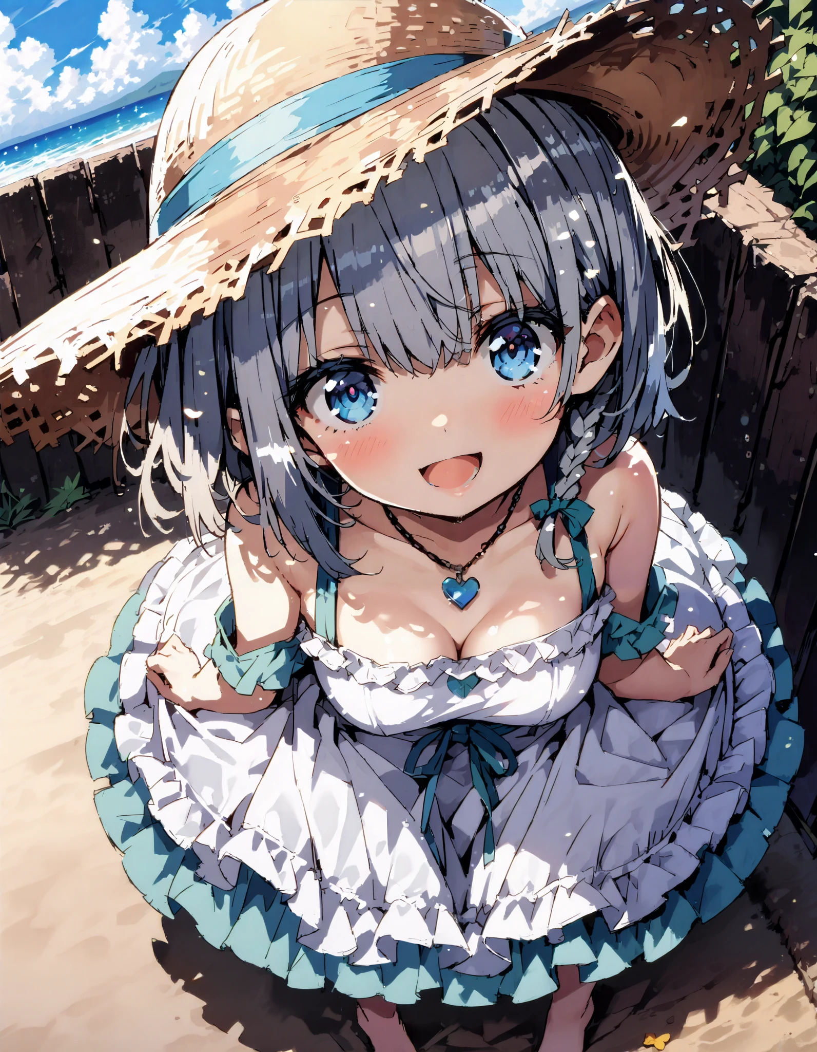 score_9, score_8_ up the side, score_7_ up the side, source_Anime,shadowbeta, beta, short hair, blue eyes, braided, Grey Hair , Medium breast, cleavage,
straw hat,smile,blush, open your mouth, black off-shoulder dress, heart shaped necklace , white long skirt, barefoot,evening, in the sun's nature, are standing,,whole bodyがイラストに入るように,
break oudoors, beach,
break looking at viewer,whole body,
break ( Masterpiece:1.2), top quality , kampala, Unity 8k Wallpaper,(shape:0.8),( fine, beautiful eyes :1.6),It's a person ,whole body写真,CG Details , ( perfect hands, Complete Anatomy),