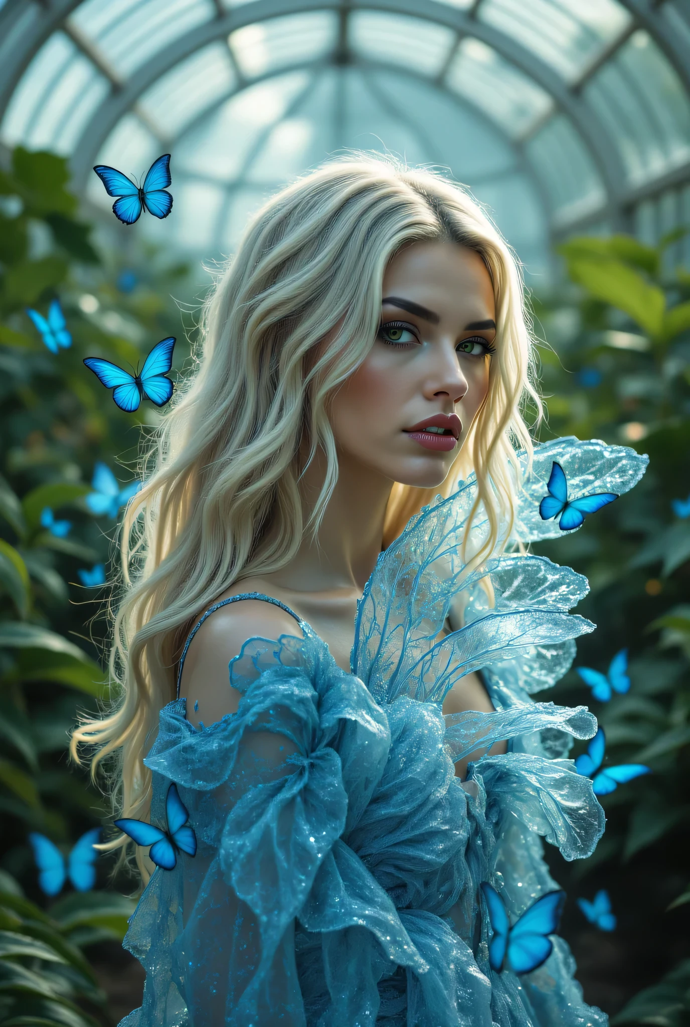A breathtakingly beautiful young woman with fair skin and flowing light blonde hair and a hypnotic, sultry expression. She is dressed in a shimmering blue morpho butterfly-style dress that skims her fragile figure, its sheer fabric shimmering in the soft golden morning light. The airy, wing-like layers of the dress flutter slightly as she moves. Makeup with intricate butterfly patterns blends with her porcelain skin, emphasizing her ethereal charm. She stands amidst a lush greenhouse of exotic plants, the morning sunlight streaming through the glass ceiling, illuminating her with a heavenly glow. Delicate blue morpho butterflies float around her, reflecting the hues of her mesmerizing dress. The shot was taken from a cinematic medium perspective, emphasizing her graceful figure