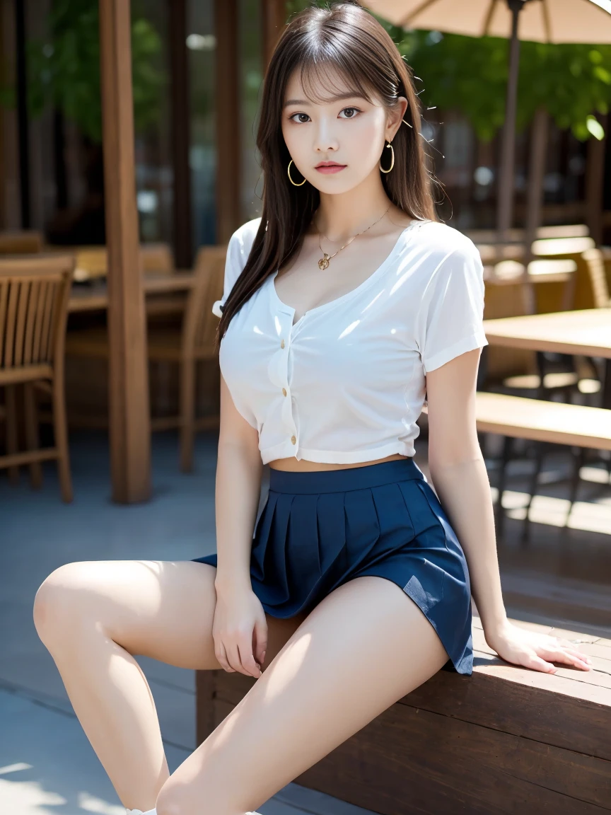 ultra highres,(reality: 1.4),highest quality, masterpiece, high detail, 16K quality, beautiful, 1 beautiful girl,japanese,super beautiful face,baby face,japanese idol face,cute face,super detailed face,detailed hand,beautiful skin,sweaty skin,big eyes,big smile,profeccional lighting,medium hair,brown hair,brown beautiful eyes,(sitting with knee up),spread legs,(skirt lift),(white panty),medium breasts,see through white shirt,open button,(black check skirt),high socks,she is looking at the camera,beach,blue sky,blue ocean, nsfw,from front,