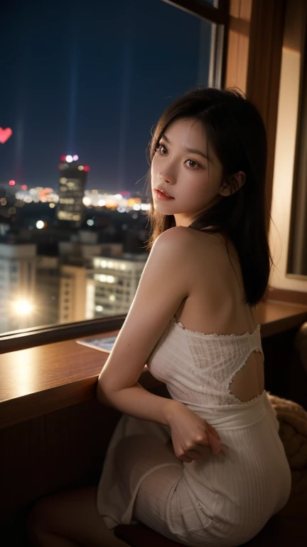 a romantic Thai girl around 20 year old in the strapless shirt sitting in roof top restaurant , Bangkok city light background , dark theme , mood and tone , light and shadow , realistic portrait , 4k , Photo by Leica M11