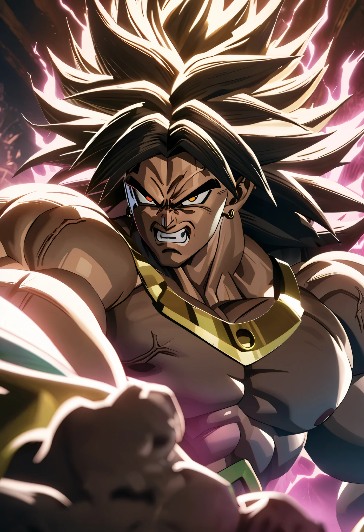 Broly, ssj legendary, muscular male character, detailed face, piercing eyes, angry expression, long spiky dark hair, veins, bulging muscles, torn clothing, power aura, dynamic pose, dramatic lighting, cinematic composition, 8k, ultra-detailed, hyperrealistic, digital art, concept art style