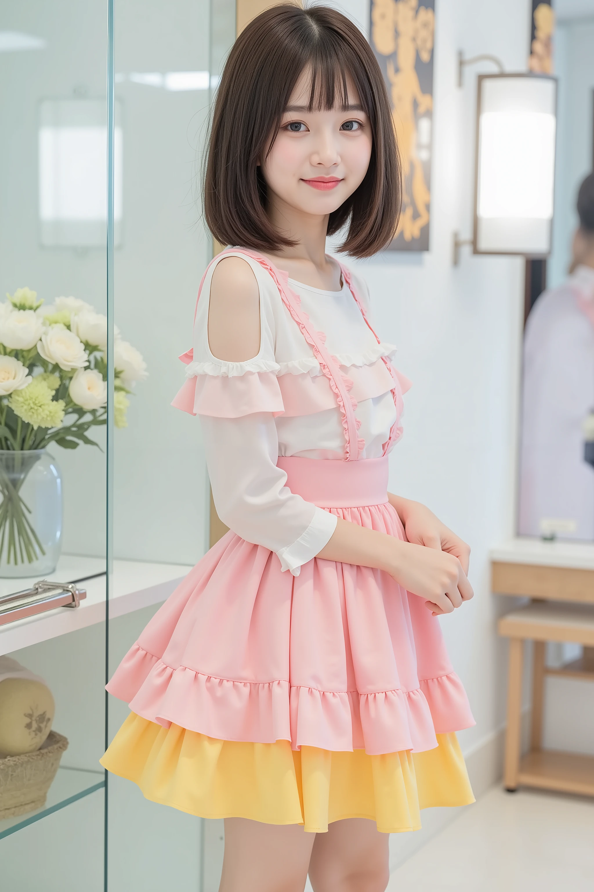 NSFW, Photorealistic,
pastel colors,
simple background,
very cute  Japanese girl,
wearing a three-tiered frill miniskirt dress,
the dress uses five vibrant colors,
she is standing in the showcase and smiling,