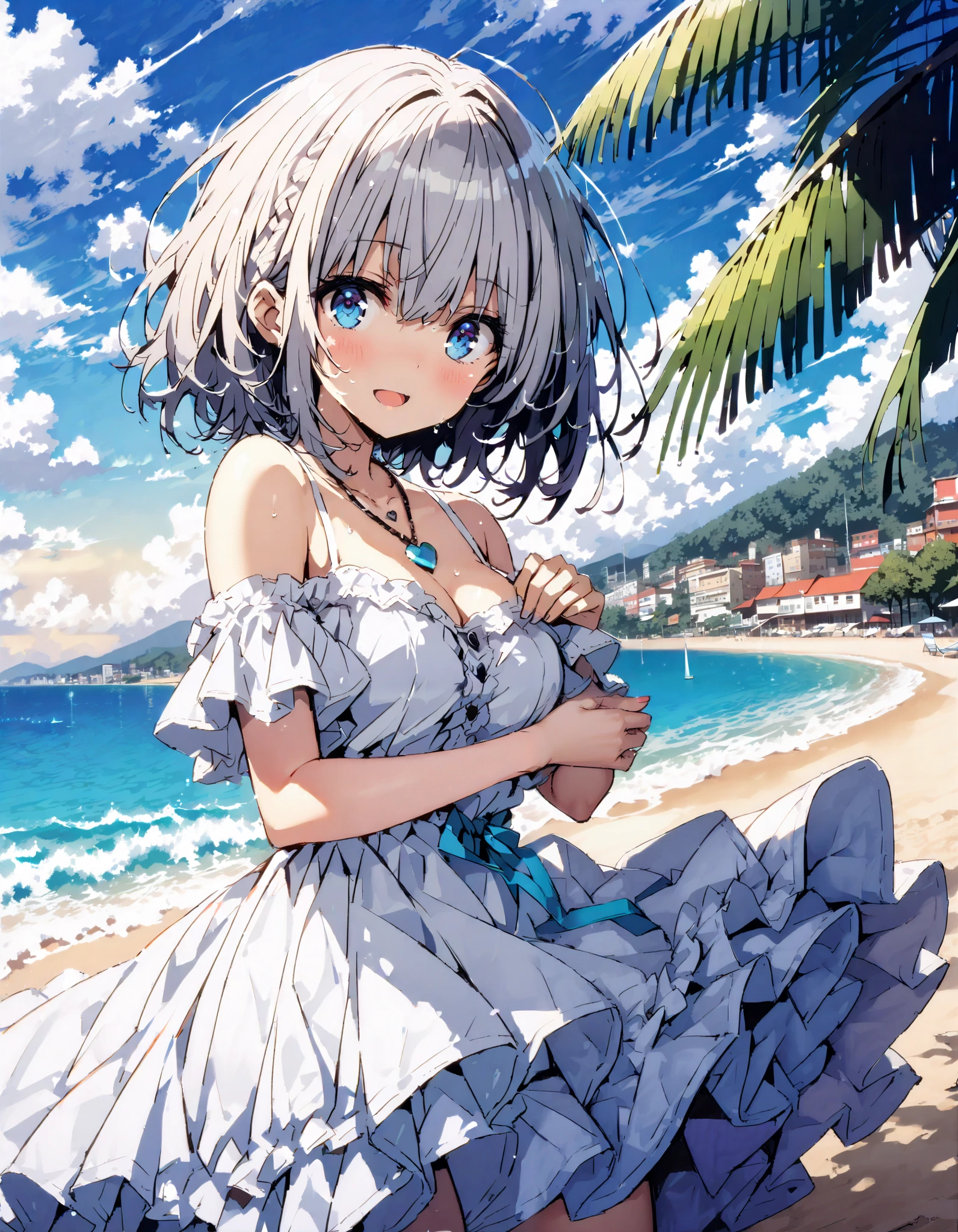  score_9,  score_8_ up the side,  score_7_ up the side,  source_Anime,shadowbeta, beta,  short hair,  blue eyes,  braided,  Grey Hair , Medium breast, cleavage,
 straw hat,smile,blush, open your mouth, black off-shoulder dress, heart shaped necklace , white long skirt, barefoot,evening, in the sun's nature, are standing,,whole bodyがイラストに入るように,
break oudoors,  beach,
break looking at viewer,whole body,
break ( Masterpiece:1.2), top quality , kampala, Unity 8k Wallpaper,(shape:0.8),(  fine, beautiful eyes  :1.6),It's a person ,whole body写真,CG Details , ( perfect hands, Complete Anatomy),
