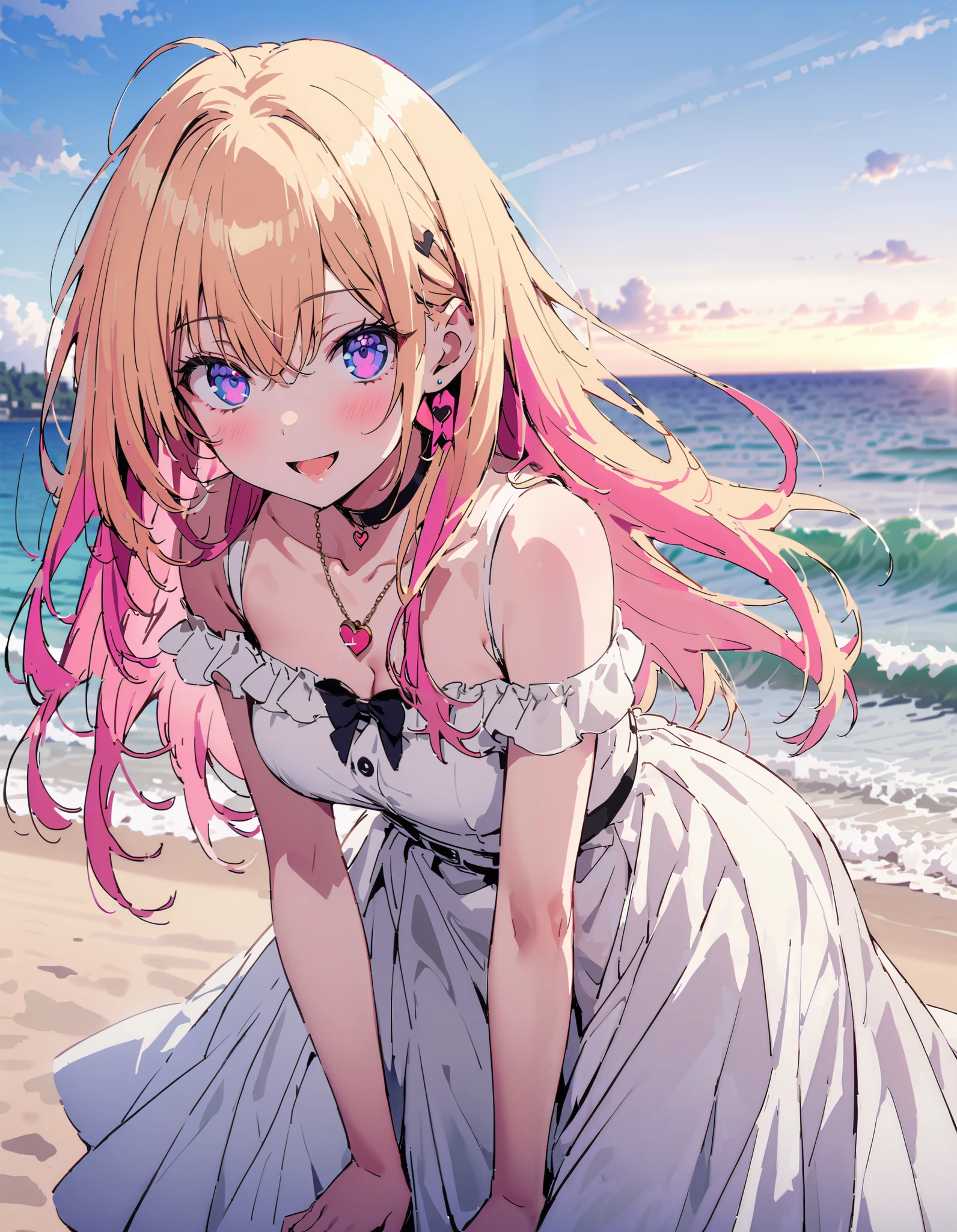 What is the name of honamiichinose , Ichinose Honami,  long hair,Alone,   blond hair left and right,   purple eyes,  straw hat,smile,blush, open your mouth, black off-shoulder dress, heart shaped necklace , white long skirt, barefoot,evening, in the sun's nature, are standing,,whole bodyがイラストに入るように,
break oudoors,  beach,
break looking at viewer,whole body,
break ( Masterpiece:1.2), top quality , kampala, Unity 8k Wallpaper,(shape:0.8),(  fine, beautiful eyes  :1.6),It's a person ,whole body写真,CG Details , ( perfect hands, Complete Anatomy),