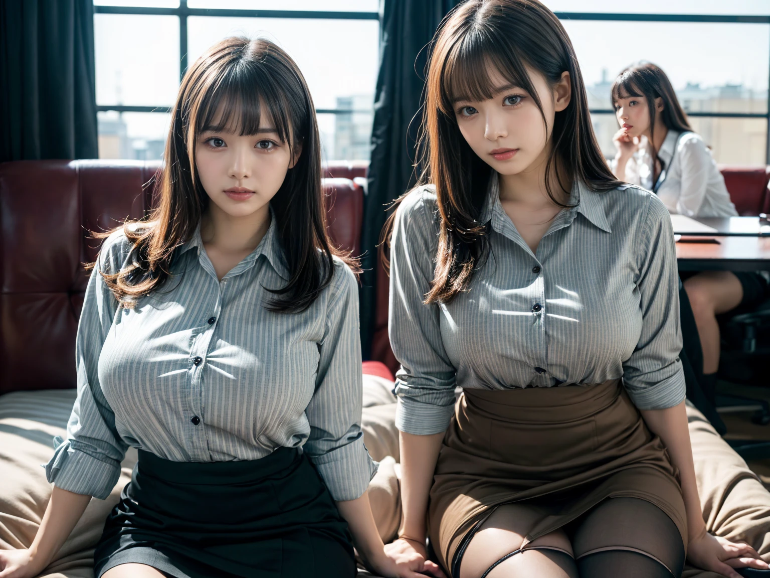 (RAW photo, 4k, masterpiece, high resolution, extremely complex) (realistic: 1.4),
((2 girls)),,blushing,((innocent)),bright eyes,round eyes,blunt bangs,(straight hair:1.3),black hair,medium breasts,wide hips,, 15 year old girl、cute type、lolita, (Best Quality), (Highres), (an Extremely Delicate and Beautiful),(Beautiful 8k face),(Brown eyes),short bob hair,( spectators),(medium breasts),(Play with each other,Touching each other's bodies,Touching the body), (detailed cloth texture, long sleeves light brown cardigan:1.2, white collared shirt, light grey pleated skirt), white thigh-high, dark red tie, (reality),bright lighting,(The background is a luxury hotel room)