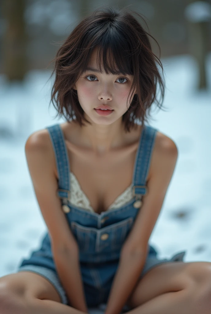 Top image quality、Very high resolution、table top、Photo quality(photographic realistic:1.8)、pores、precision、realistic skin textures、(beautiful hands)、(skinny legs)、japan women、 18 years old、front、short hair、A brunette、Girl with a cute smile、thin girl、chest、flat chest、Squatting on a snowy road、I put a chain on my car tire、 、short boots、Wear work gloves、Beautiful snow、There's a little snow on the head、