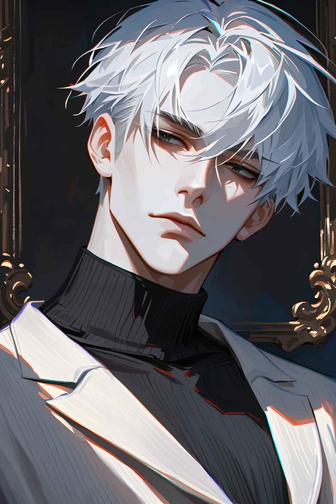 impasto, short hair, masterpiece, best quality, 1 man , white hair , perfect face , black eye , handsome male , Alone, pale skin , adult male , upper body , delicate line drawing,Extremely detailed , a faint smile, black turtleneck, bangs