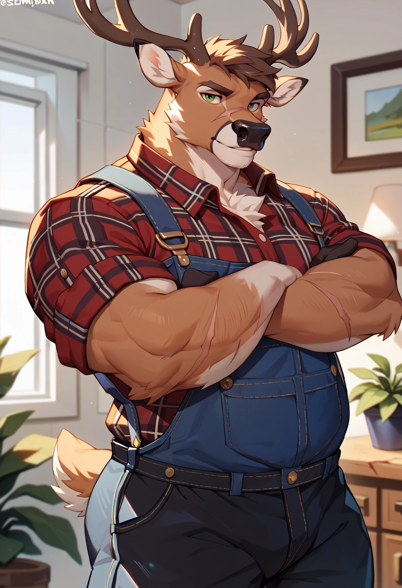 solo, anthro male, elk, ((fluffy fur, furry body, fluffy)), muscular male (pectorals, hefty, musclegut), deer antlers, brown antlers, brown body, brown fur, green eyes, black nose, scar on mouth, scar on lip, scar on chin, plaid collared shirt, lumberjack attire, rolled sleeves, (black overalls, overall straps, black pants), woodwork background, indoors, (close-view portrait), standing, looking at viewer, from front, arms crossed, high resolution, deer tail, correct anatomy, best quality, masterpiece, 