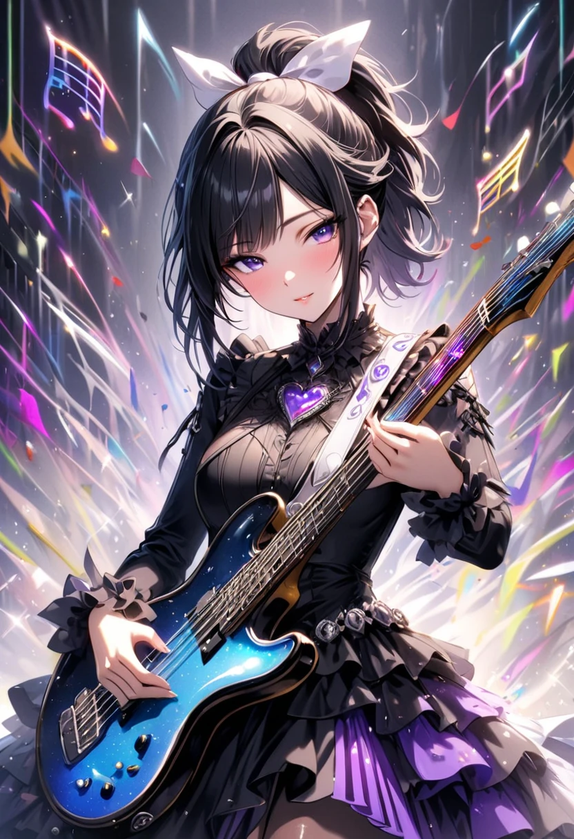 (masterpiece),(absurdres),(ultra detailed),(beautiful detailed),colorful splash art:1.2,chaos:1.1, cute、 beautiful、(Colorful shiny music-score:1.4),mysterious guitarist, Fantastic,solo lady,(23-year-old),shiny black hair,shiny purple eyes,(short highponytail),bangs:1.1,(1white ribbon:1.1),(middle breast:0.7),(Gothic dress:1.1),half-closed eyes,Reina