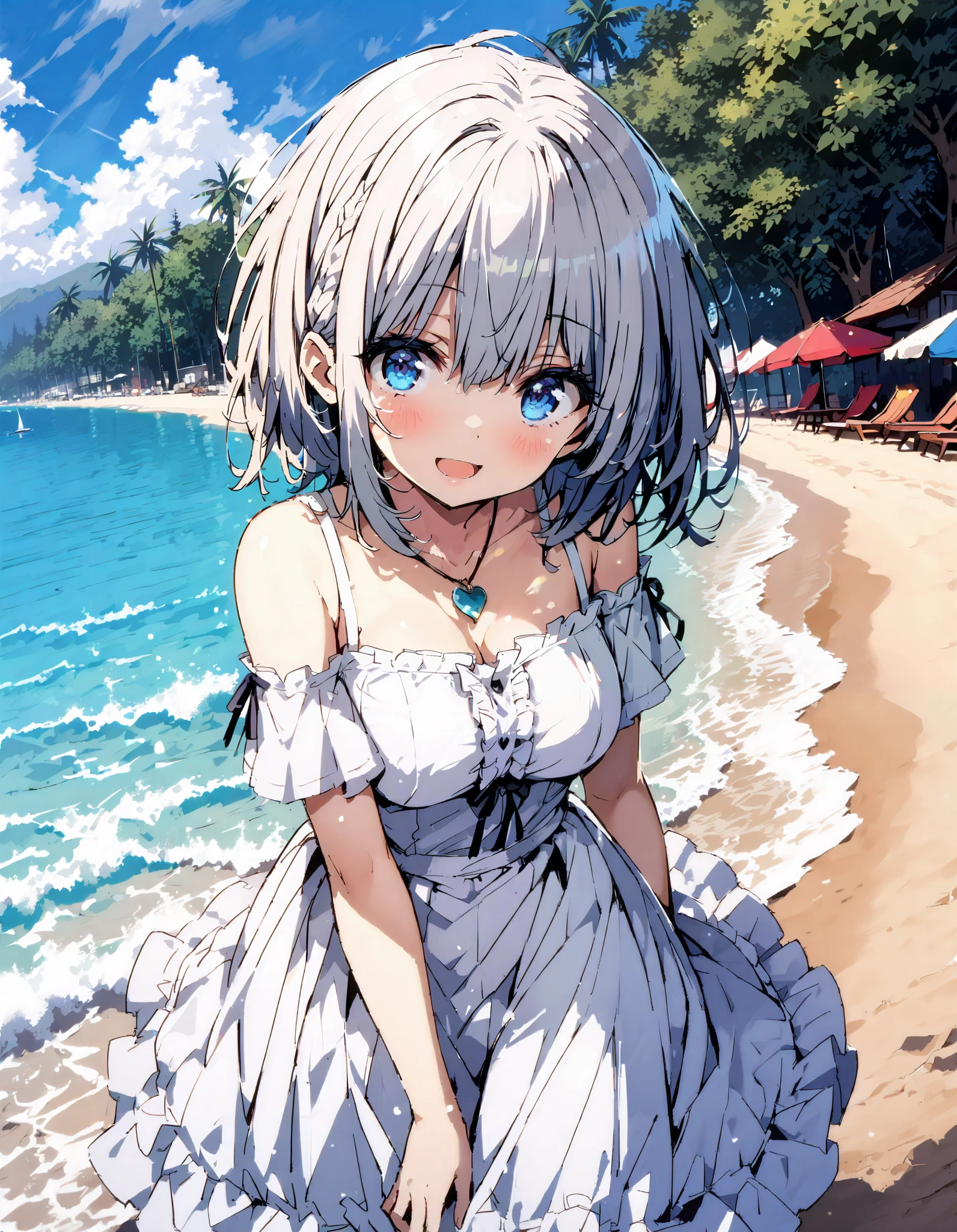 score_9, score_8_ up the side, score_7_ up the side, source_Anime,shadowbeta, beta, short hair, blue eyes, braided, Grey Hair , Medium breast,
straw hat,smile,blush, open your mouth, black off-shoulder dress, heart shaped necklace , white long skirt, barefoot,evening, in the sun's nature, are standing,,whole bodyがイラストに入るように,
break oudoors, beach,
break looking at viewer,whole body,
break ( Masterpiece:1.2), top quality , kampala, Unity 8k Wallpaper,(shape:0.8),( fine, beautiful eyes :1.6),It's a person ,whole body写真,CG Details , ( perfect hands, Complete Anatomy),