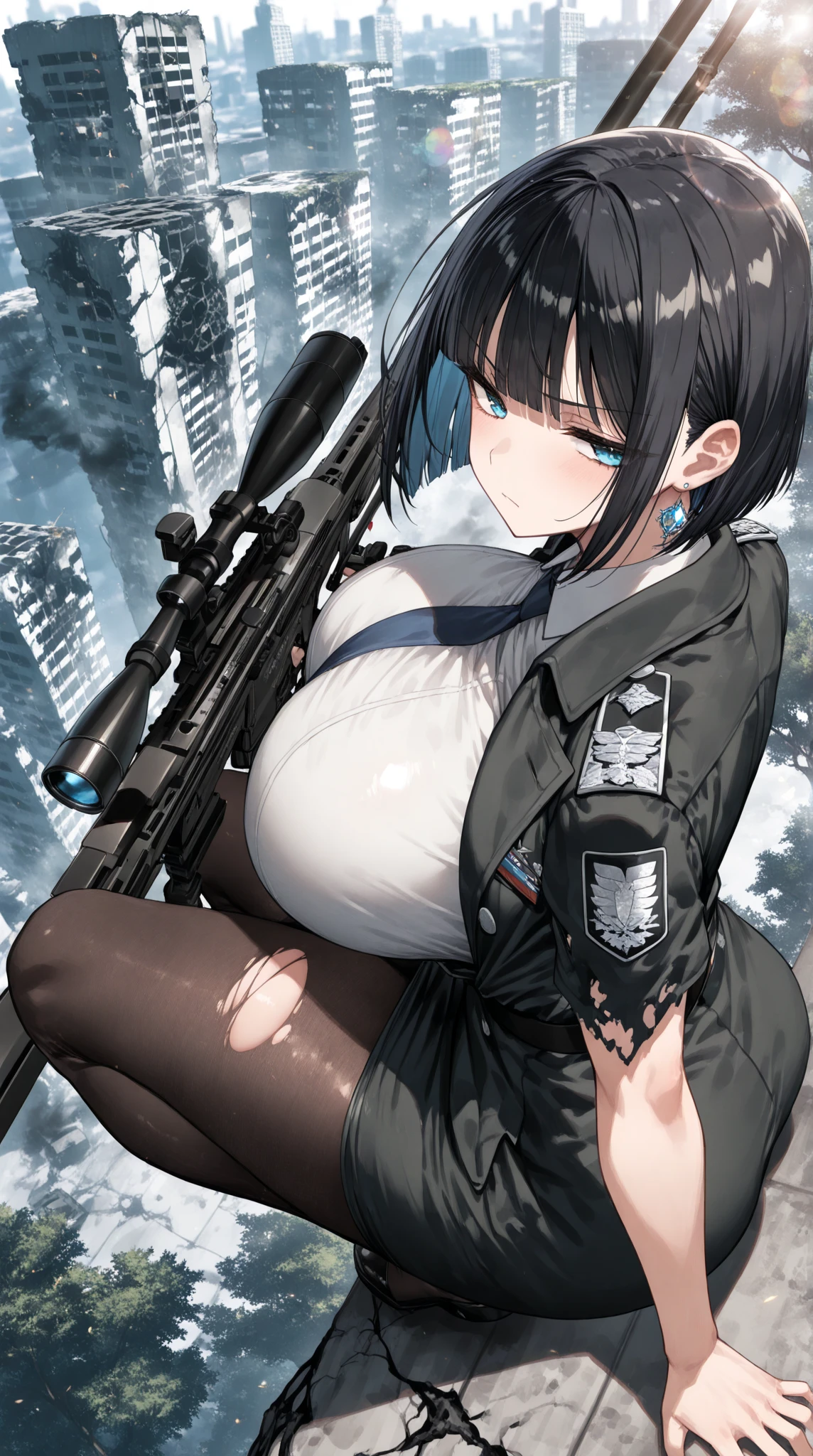 Black girl, large breasts, white shirt, gun
