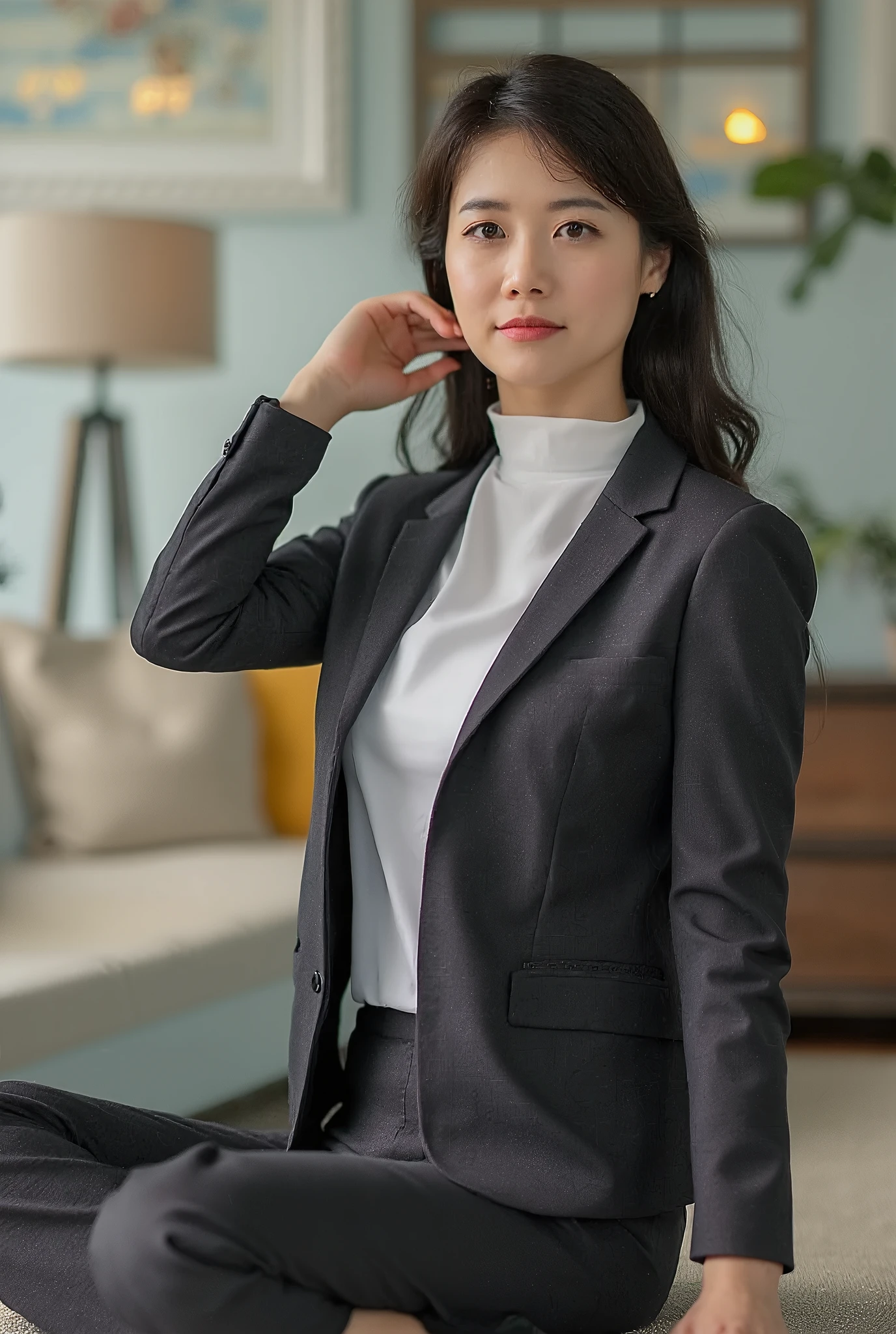 (Super best quality、8K、masseter membrane、Exquisite illustration ULL-BODY ESBIAN),Beautiful 40 year old Japanese office lady、Gray office lady suit(skirt type)、with black curled hair、eye glass、Drinking in a tavern、