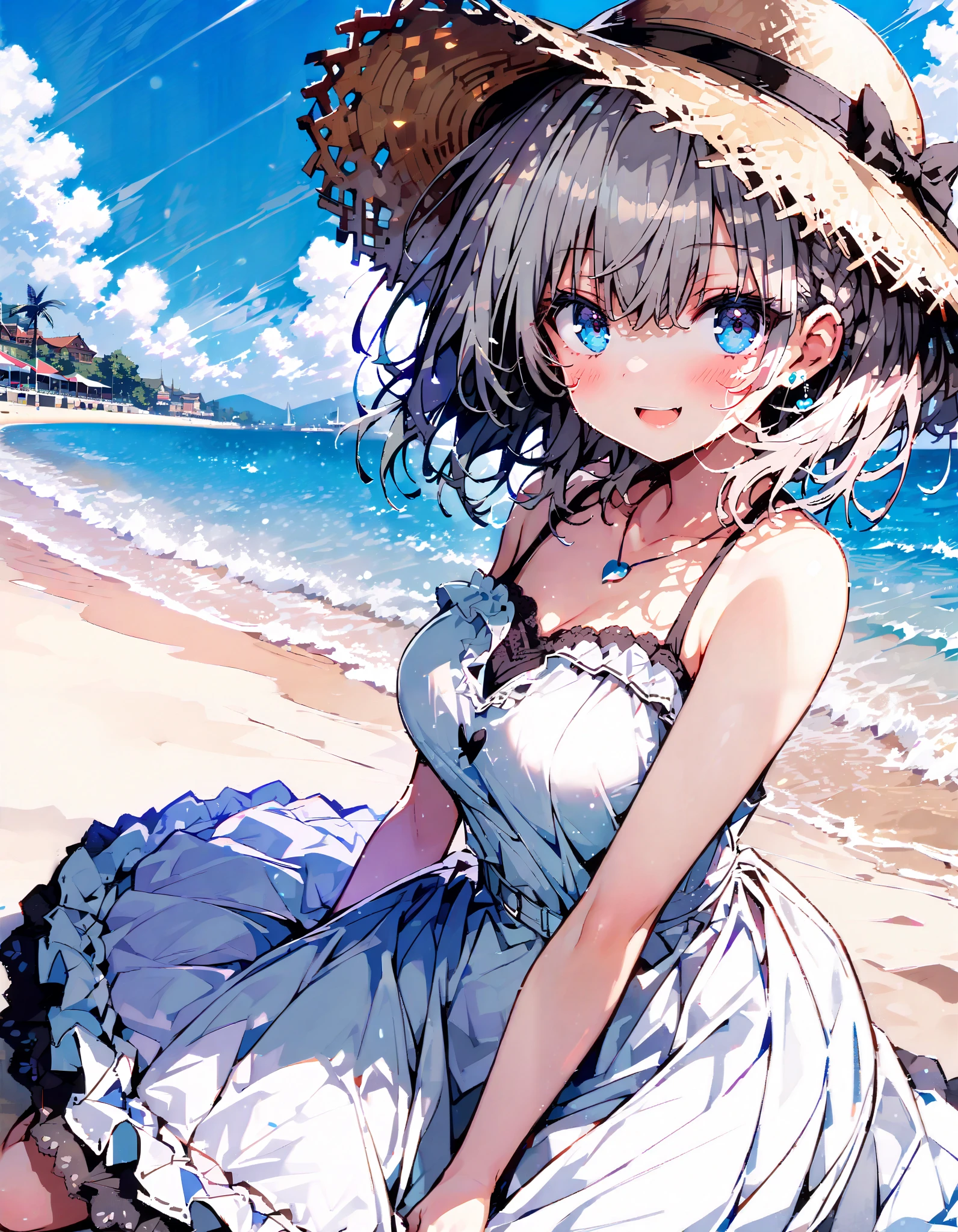 score_9, score_8_ up the side, score_7_ up the side, source_Anime,shadowbeta, beta, short hair, blue eyes, braided, Grey Hair , Medium breast,
straw hat,smile,blush, open your mouth, black off-shoulder dress, heart shaped necklace , white long skirt, barefoot,evening, in the sun's nature, are standing,,whole bodyがイラストに入るように,
break oudoors, beach,
break looking at viewer,whole body,
break ( Masterpiece:1.2), top quality , kampala, Unity 8k Wallpaper,(shape:0.8),( fine, beautiful eyes :1.6),It's a person ,whole body写真,CG Details , ( perfect hands, Complete Anatomy),