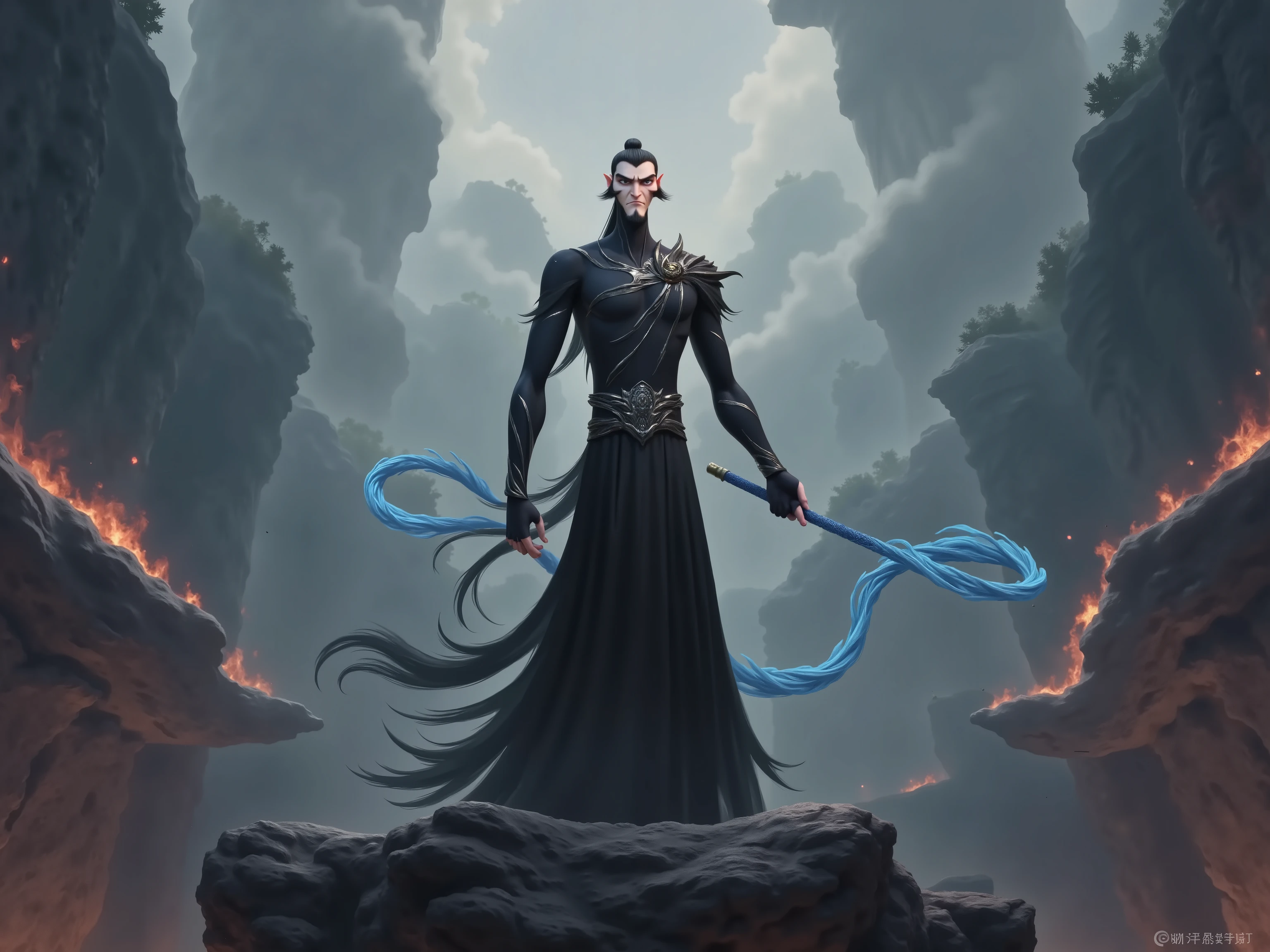 ( masterpiece, top quality:1.2), Game anime characters, alone,beard, Black Robe ,slim。Holding a blue whip in his hand。Kung Fu Action ,flame,cliff,Ominous clouds,Grand scene,Large game scene